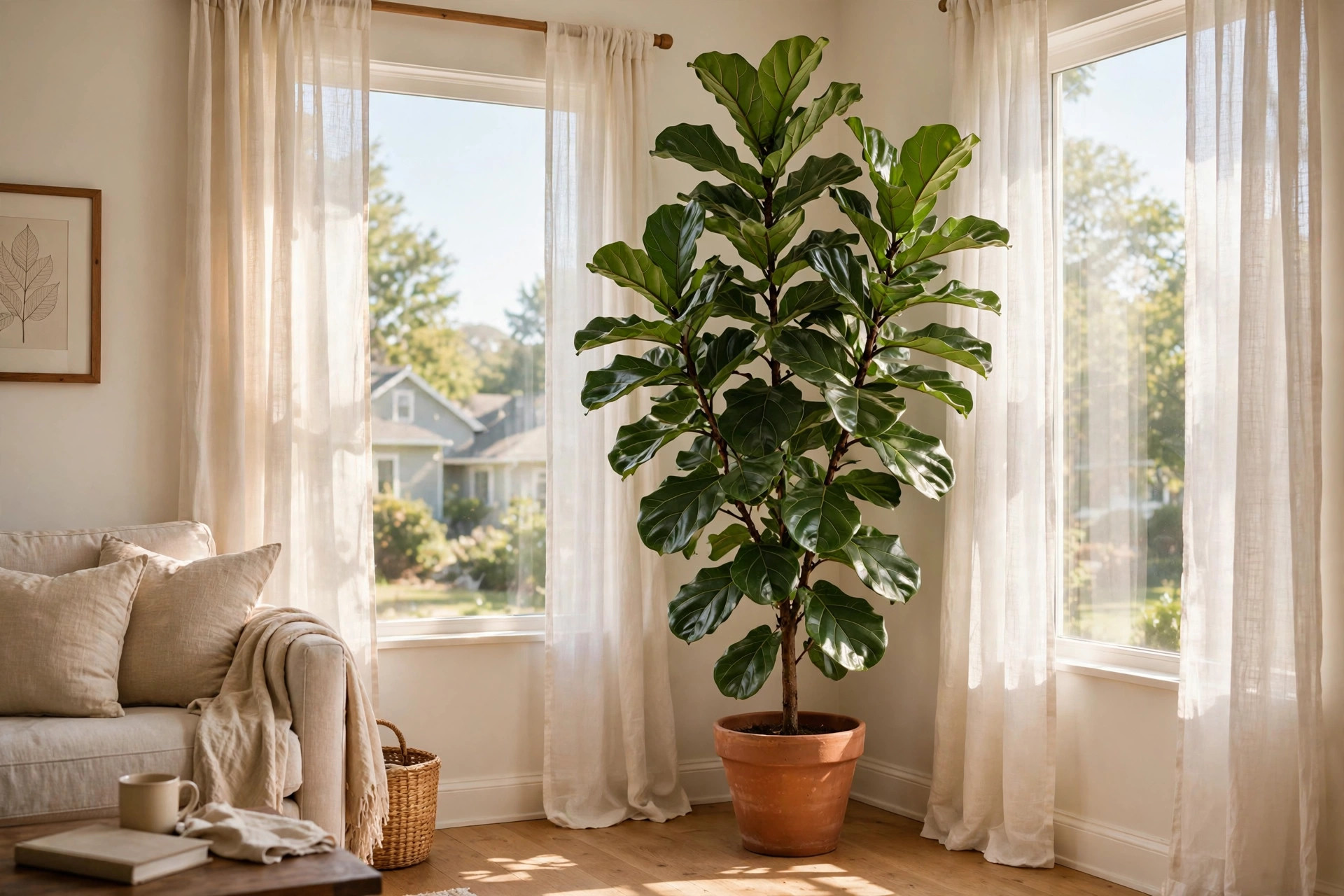 fiddle leaf figs texas homes usa: Healthy fiddle leaf fig tree in a Texas home living room