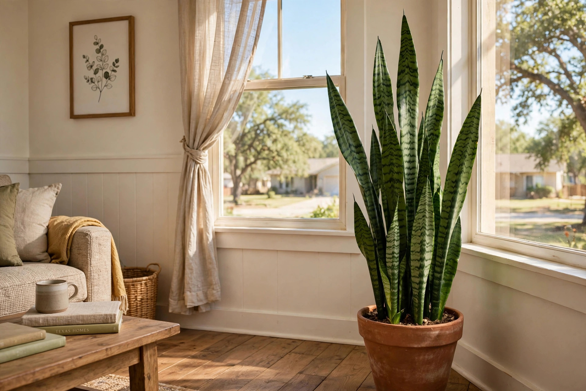 Snake plants indoor texas homes usa in a bright Texas living room