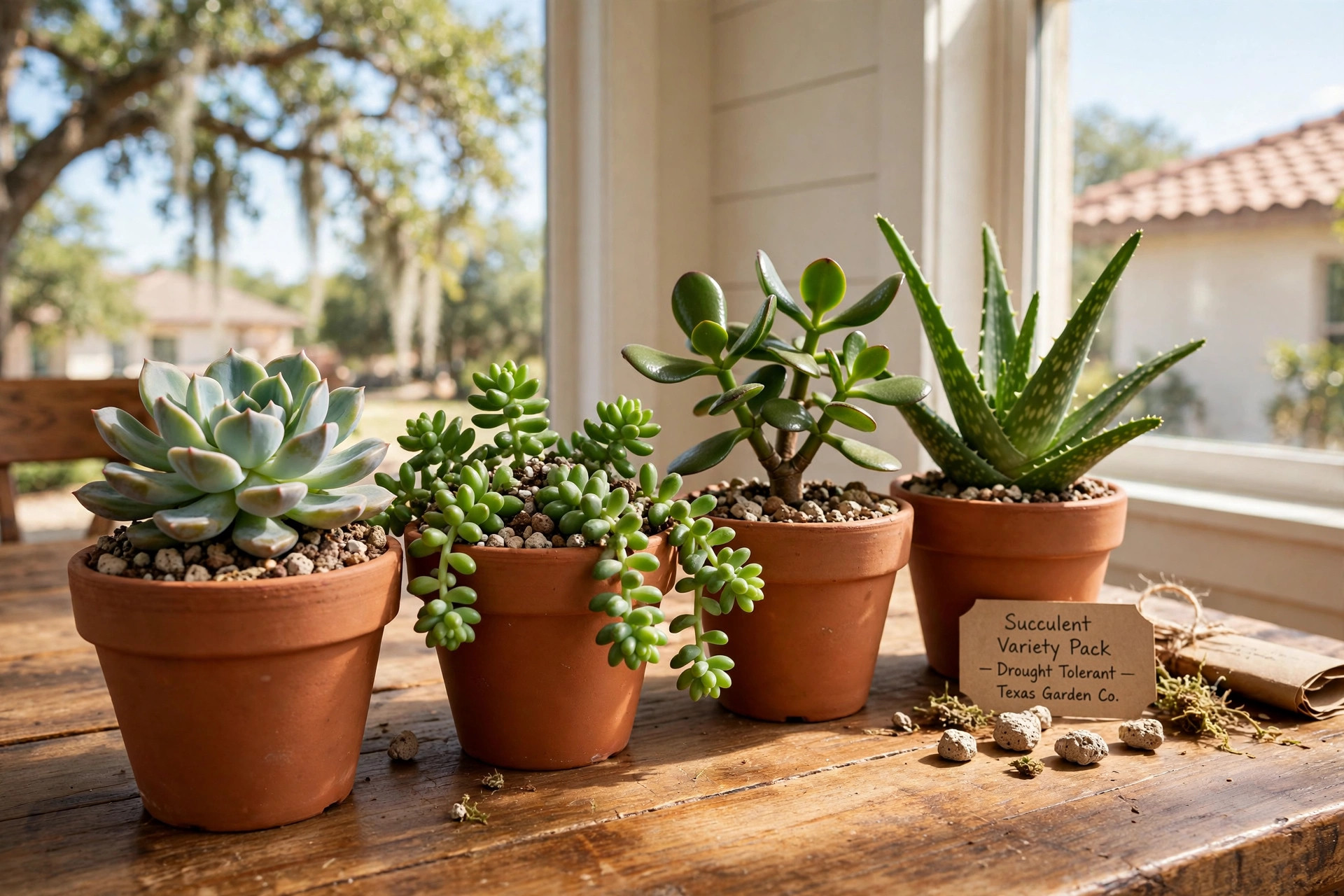 succulent variety packs texas homes usa: Succulent variety packs arranged in a bright Texas home