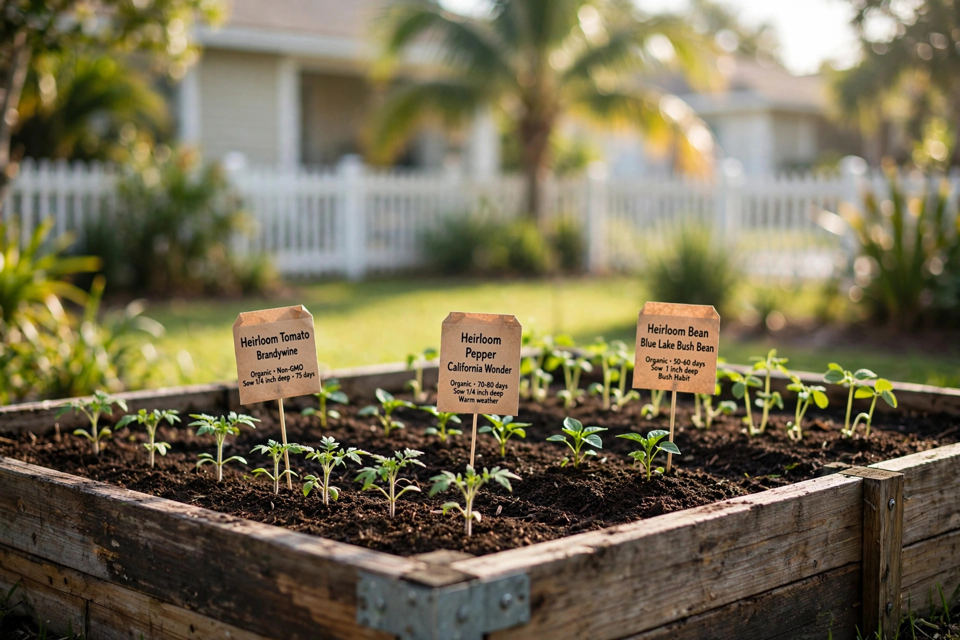 heirloom vegetable seeds florida homes usa: Heirloom vegetable seeds planted in a Florida home garden bed