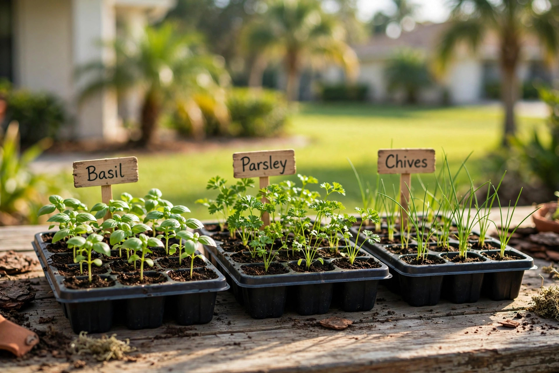 organic herb seeds florida homes usa: Organic herb seeds planted in a Florida home garden