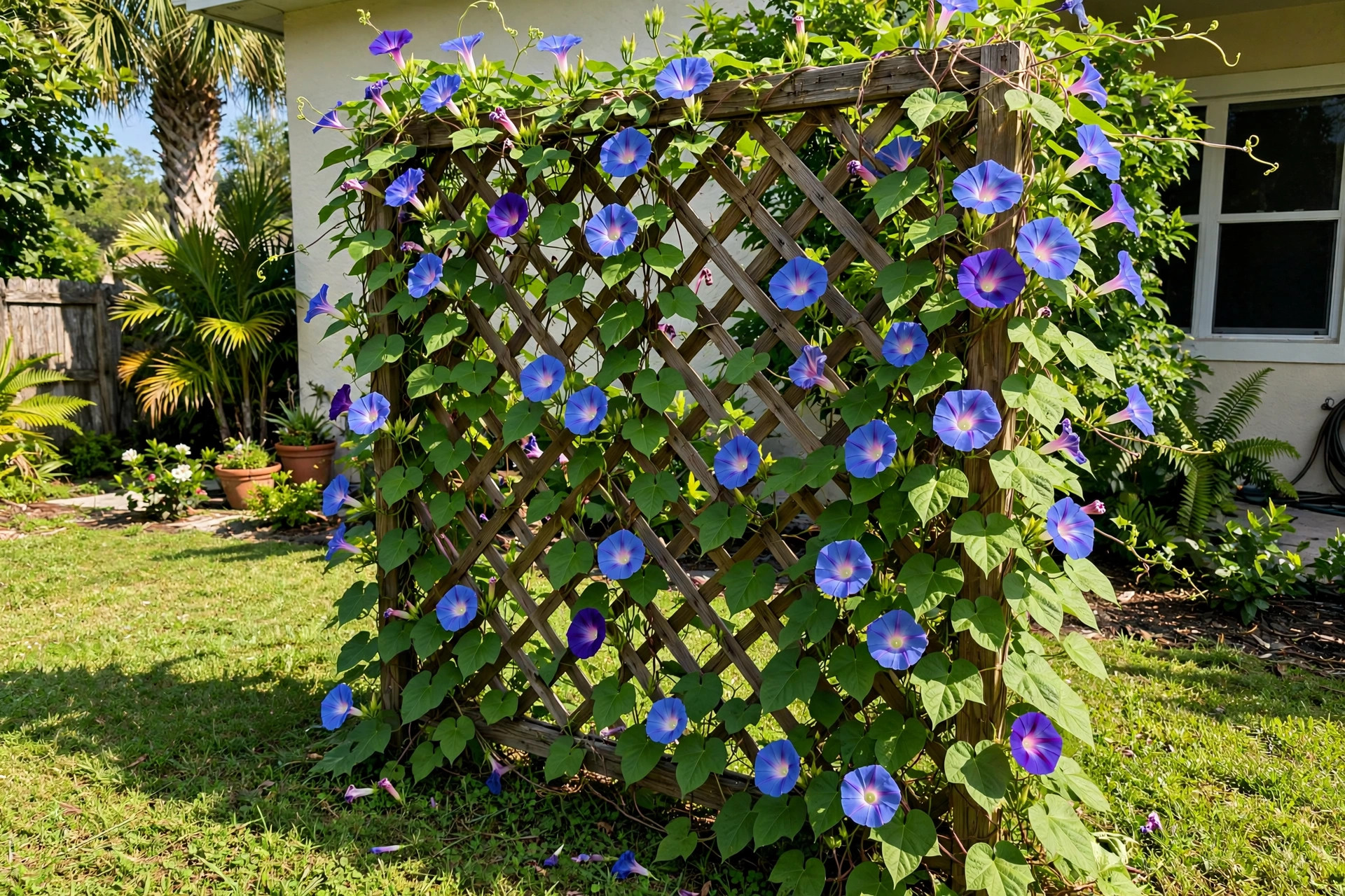 morning glory seeds florida homes usa: Blooming morning glory vine on a Florida home garden trellis