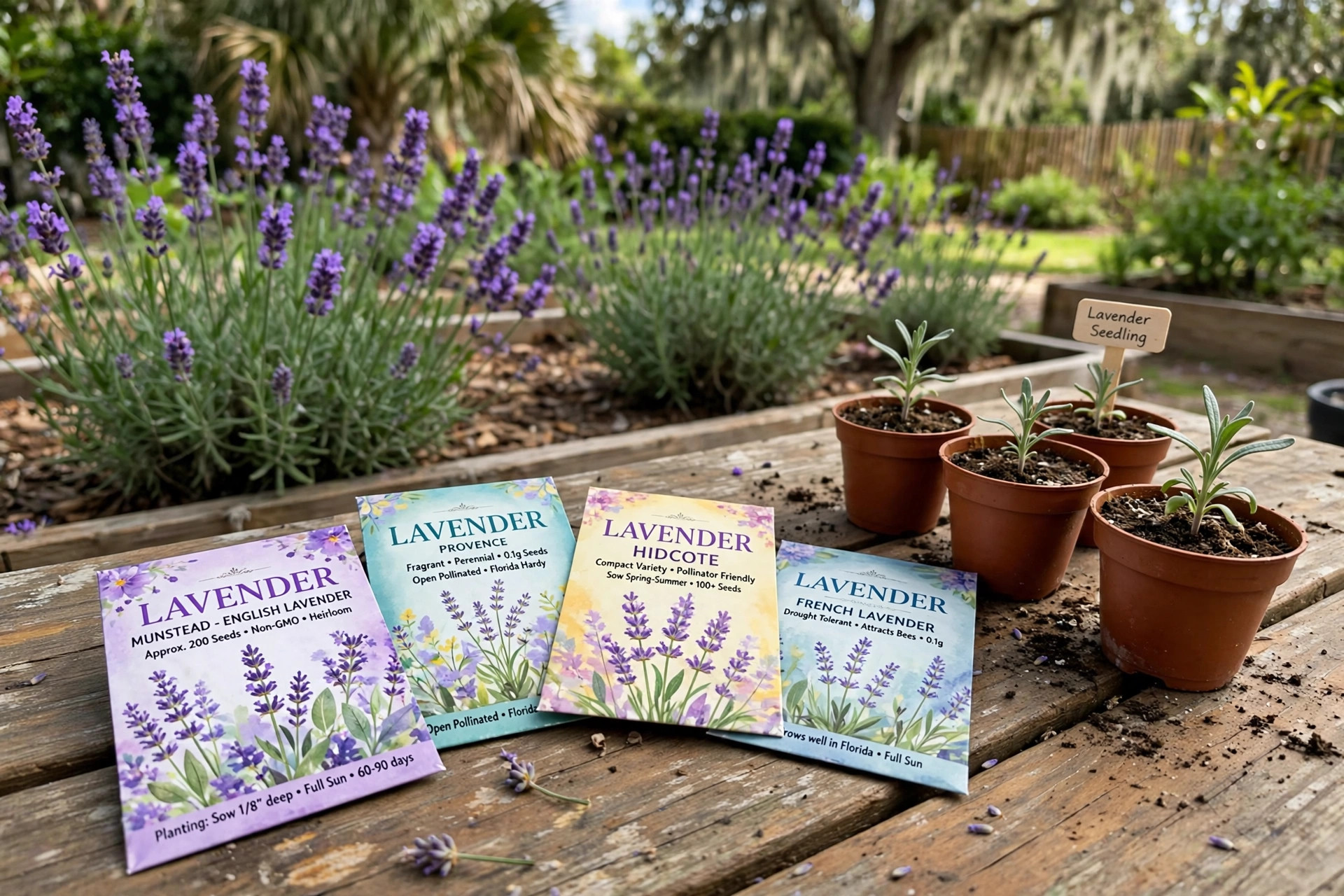 lavender seed packets florida homes usa: Lavender seed packets and young lavender plants in a sunny Florida garden bed
