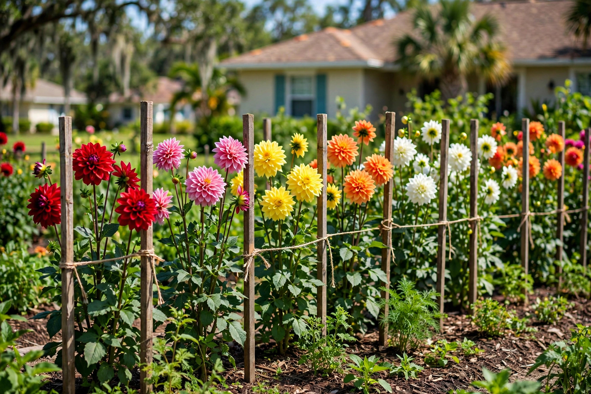 dahlia bulbs bulk florida homes usa: Rows of colorful dahlia blooms grown from bulk dahlia bulbs in a Florida home garden