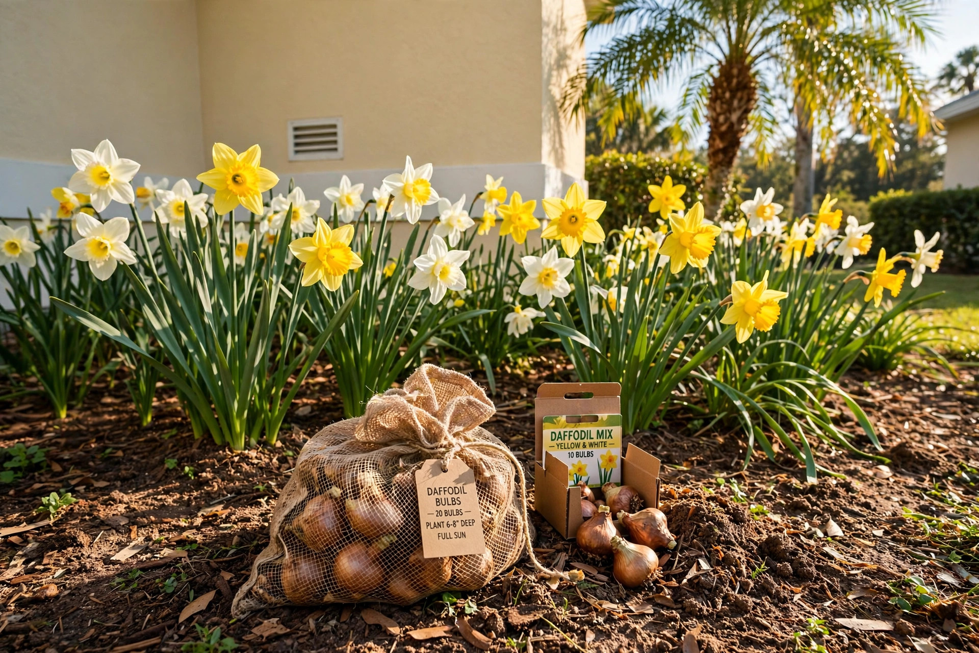 daffodil bulb packs florida homes usa: Daffodil bulb packs for Florida homes USA, bulbs blooming in a Florida yard