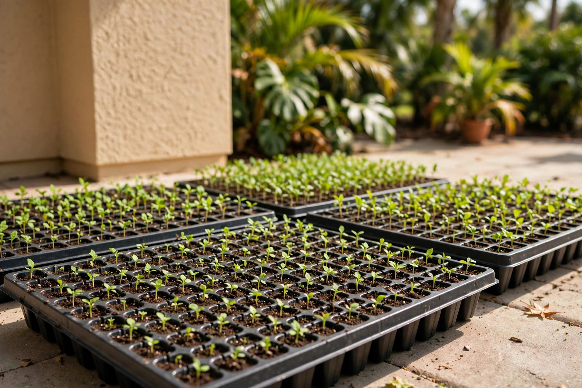 seed starting trays florida homes usa: Seed starting trays with young seedlings on a sunny Florida patio