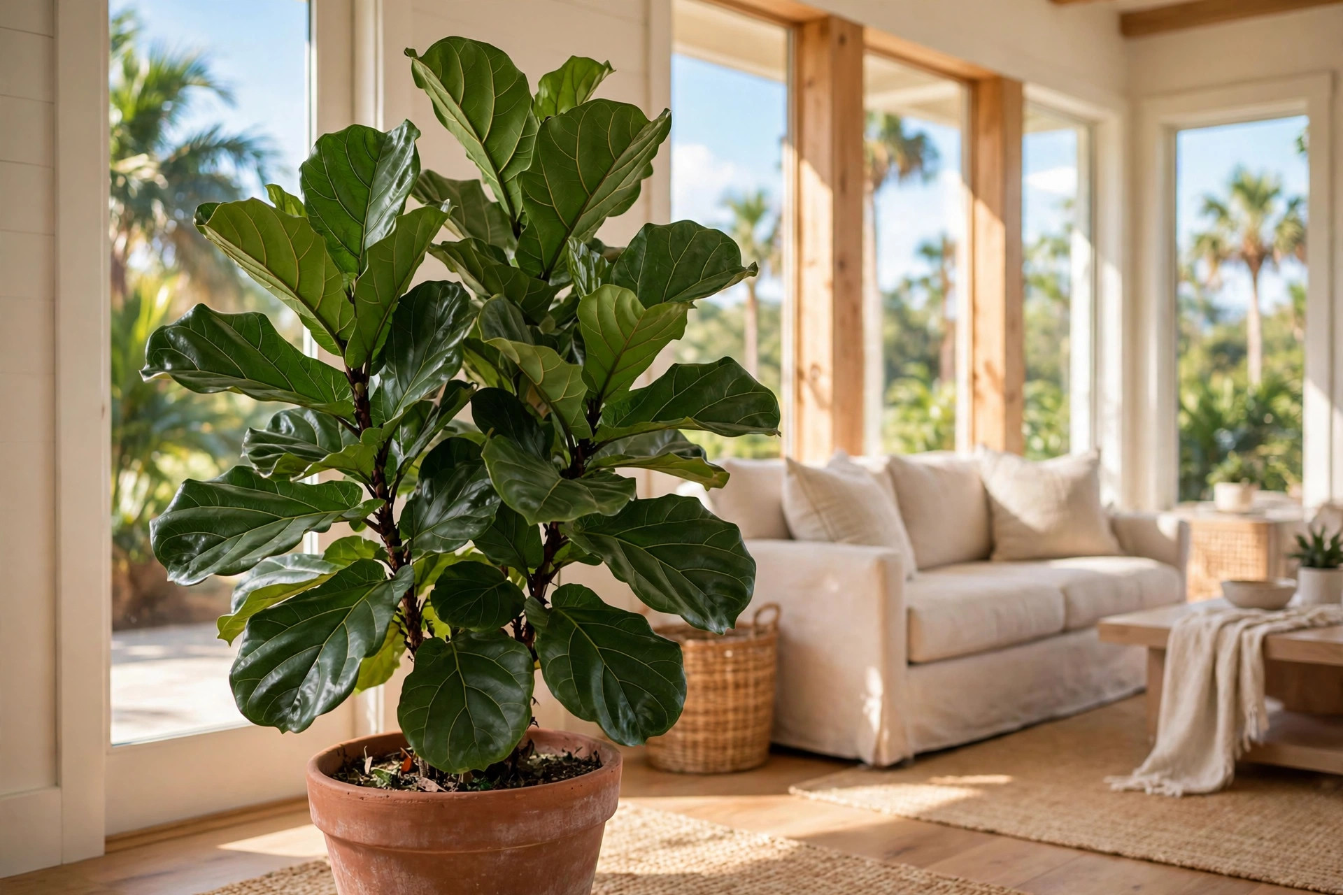 fiddle leaf figs florida homes usa: Fiddle leaf fig plant in a bright Florida home living room