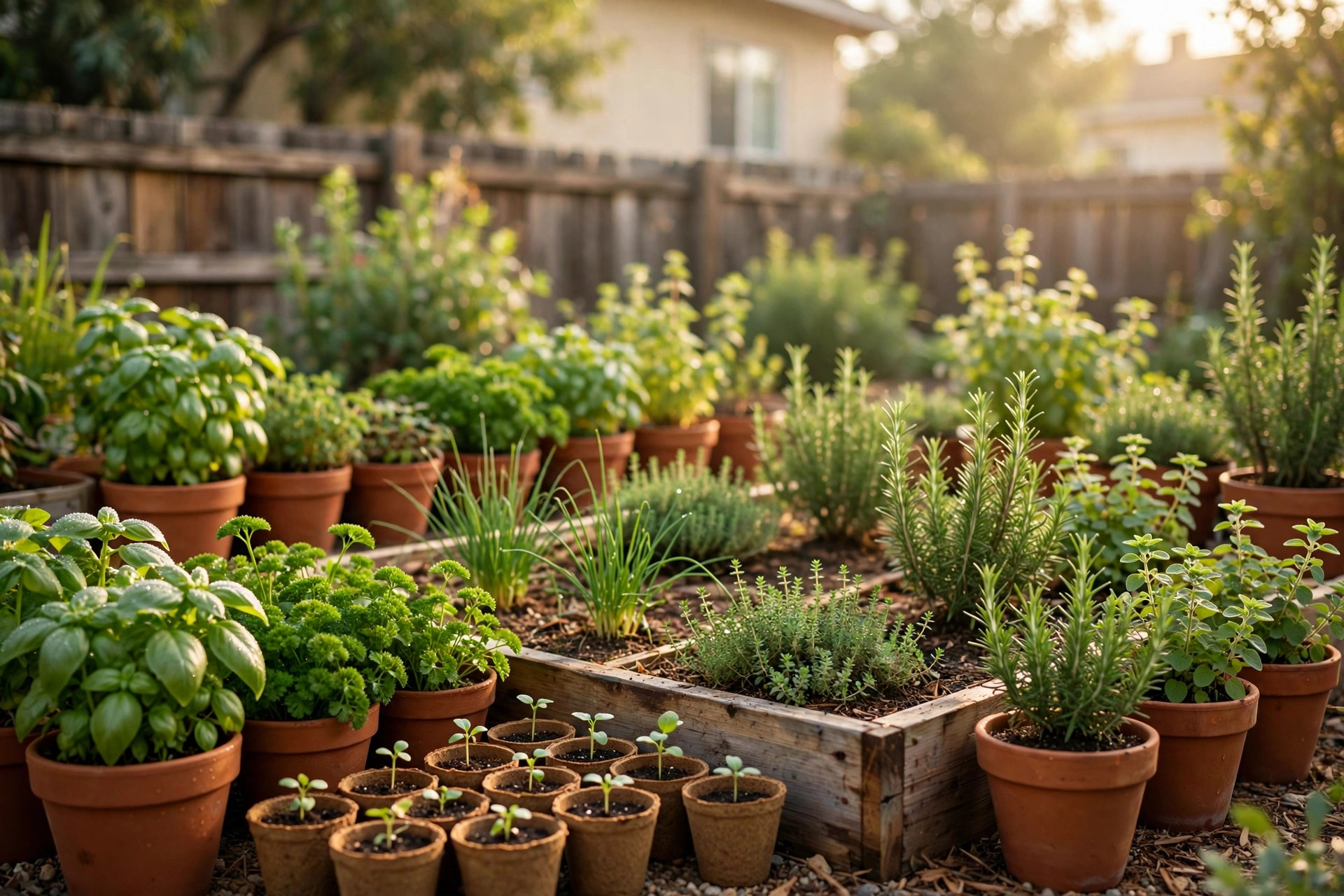Sunny backyard herb garden with potted basil, parsley, and seedlings grown from organic herb seeds California homes USA gardeners use