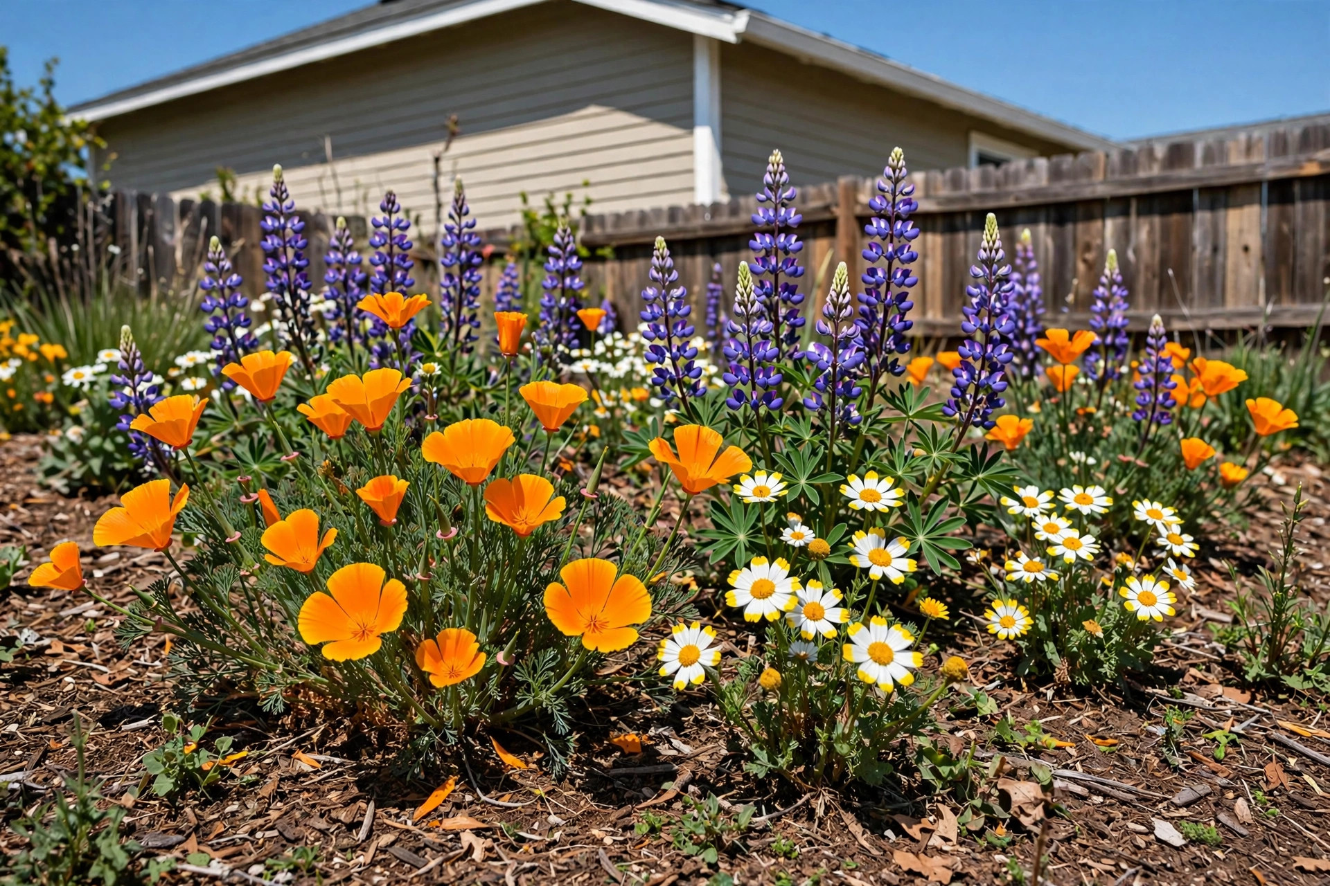wildflower seed mixes california homes usa: Wildflower seed mixes planted in a California home garden