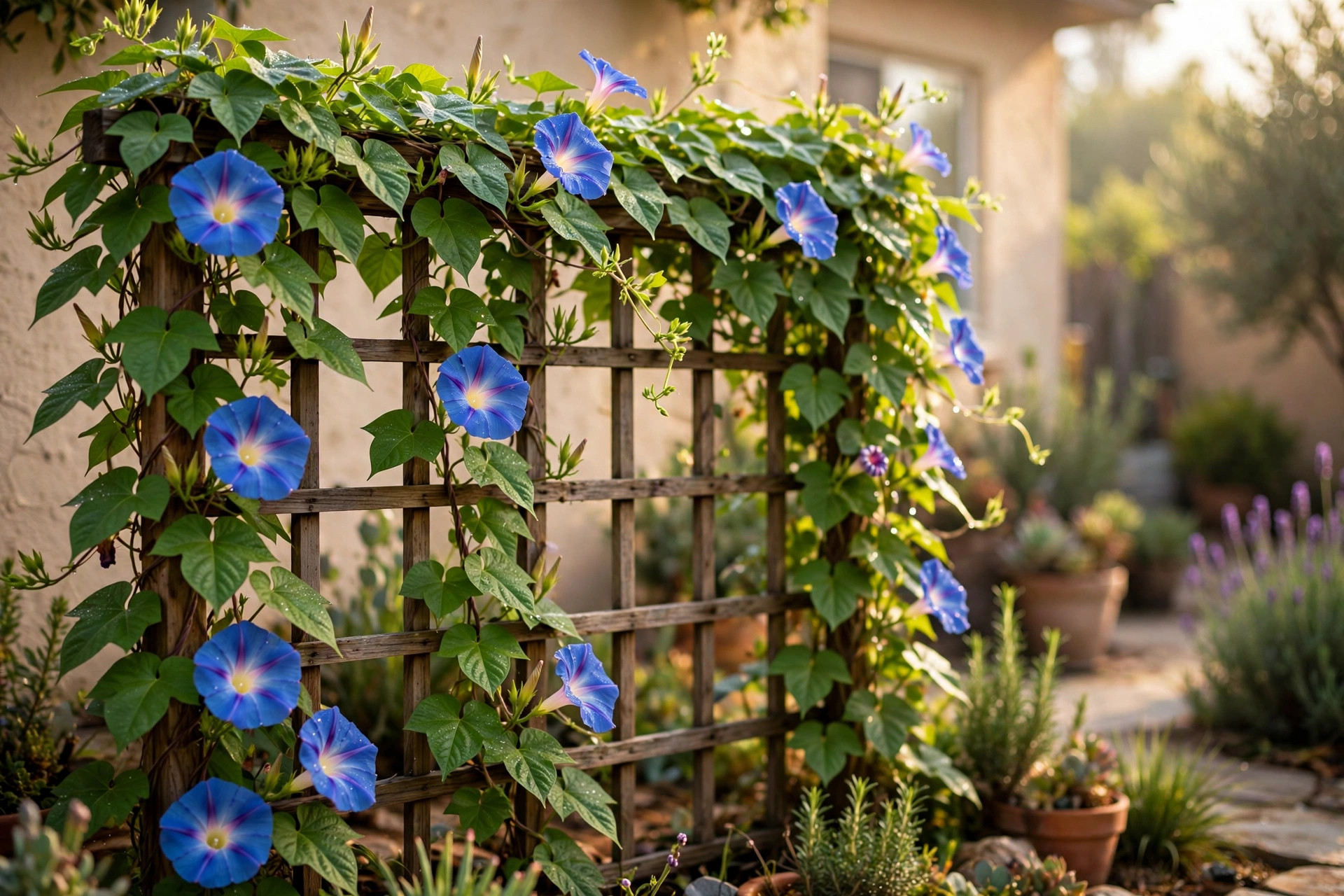 Morning glory seeds California homes USA: blooming blue morning glory vines on a wooden garden trellis