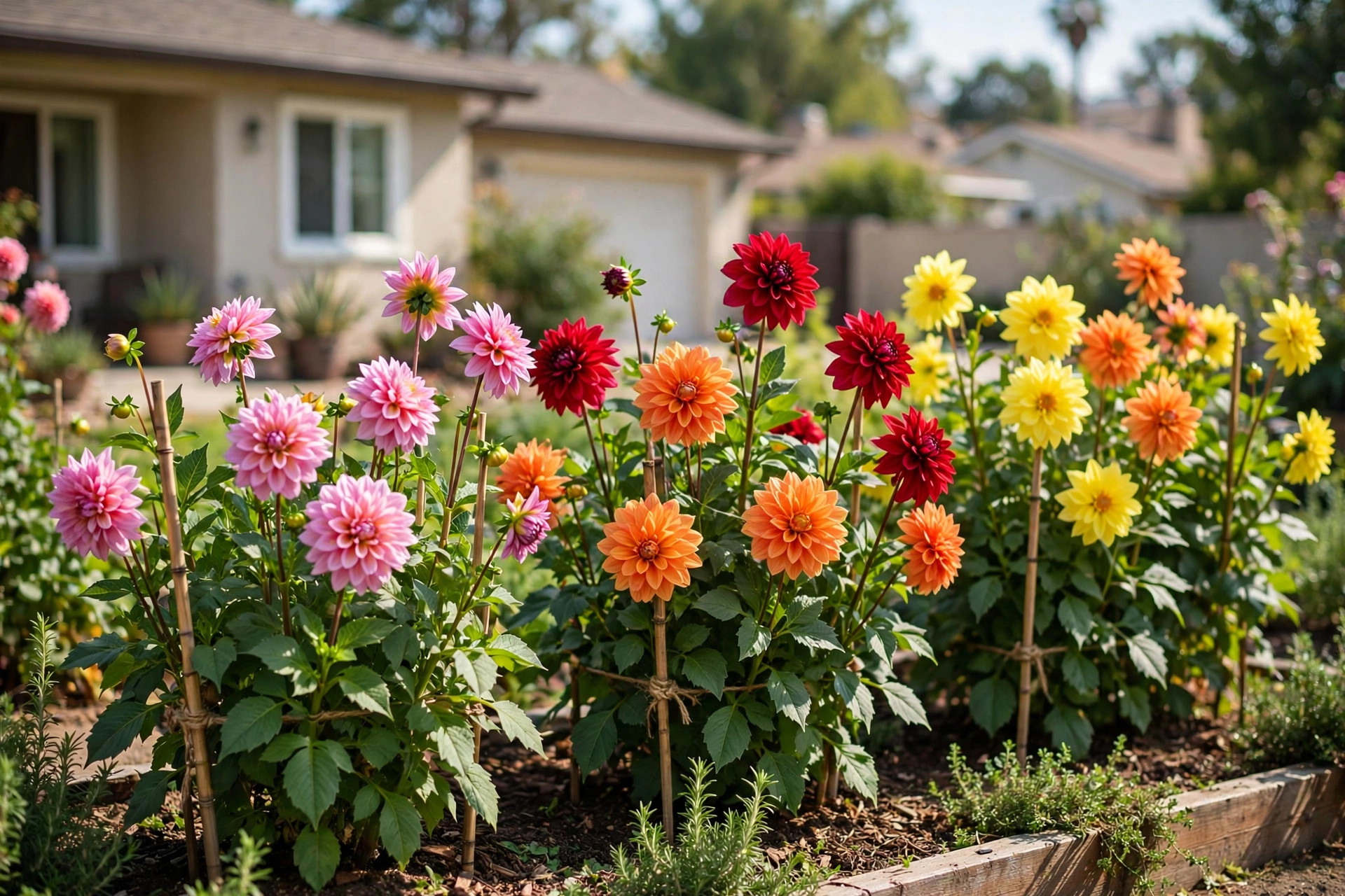 A garden bed of blooming dahlias, the focus of dahlia bulbs bulk california homes usa