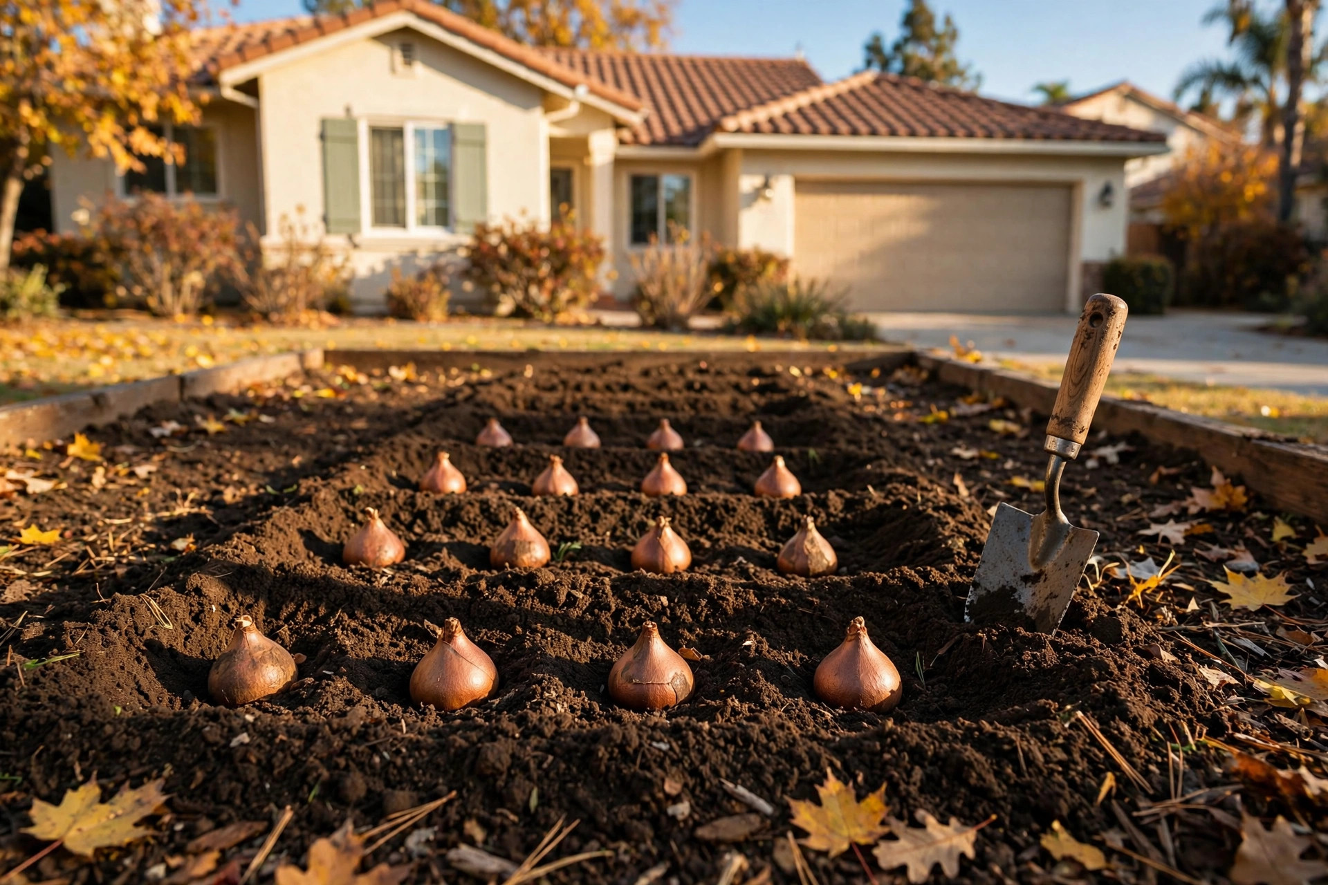 tulip bulbs fall california homes usa: Tulip bulbs planted in fall soil outside a California home