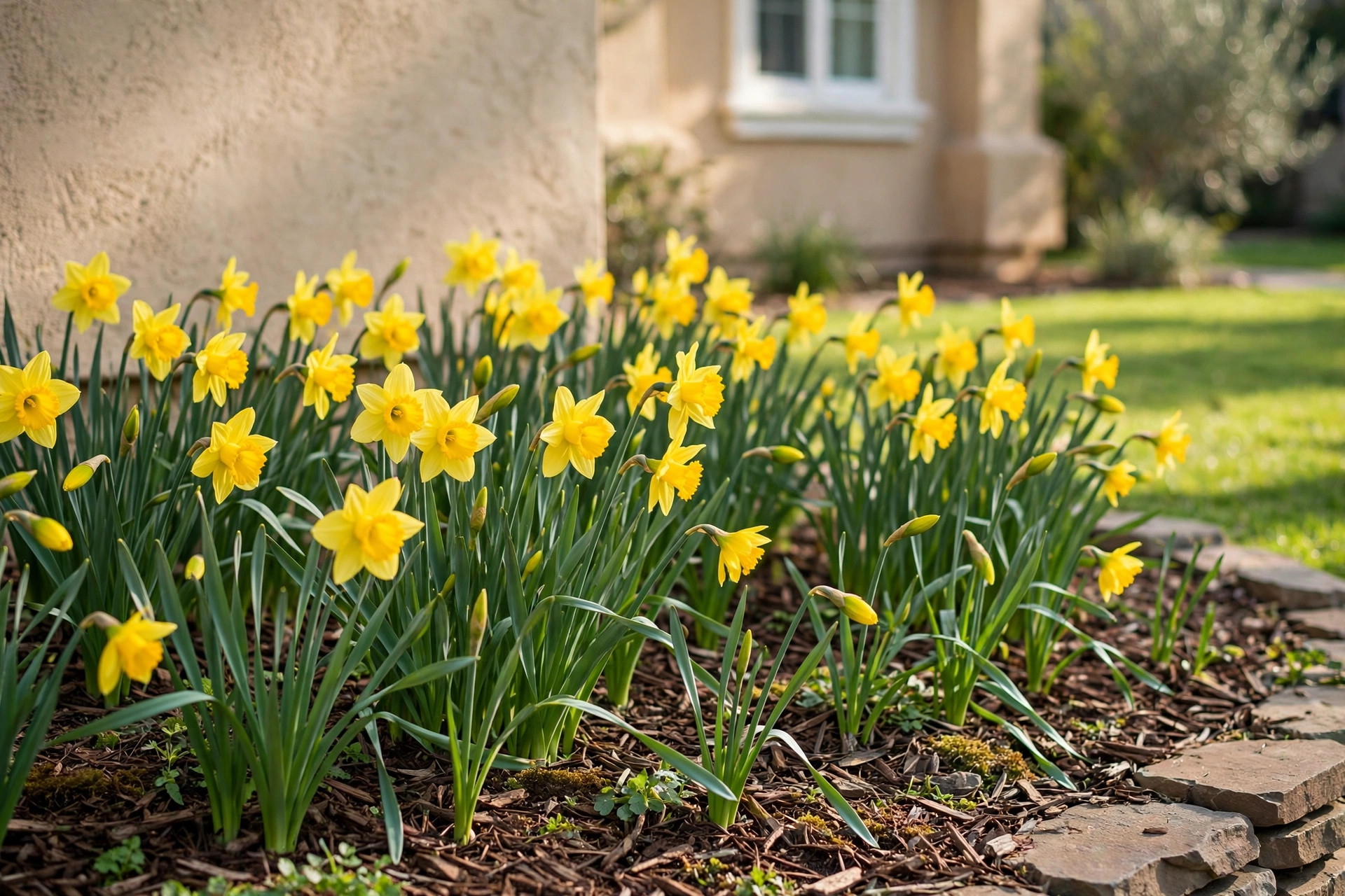 Daffodil bulb packs planted along a sunny California home garden bed, daffodil bulb packs california homes usa