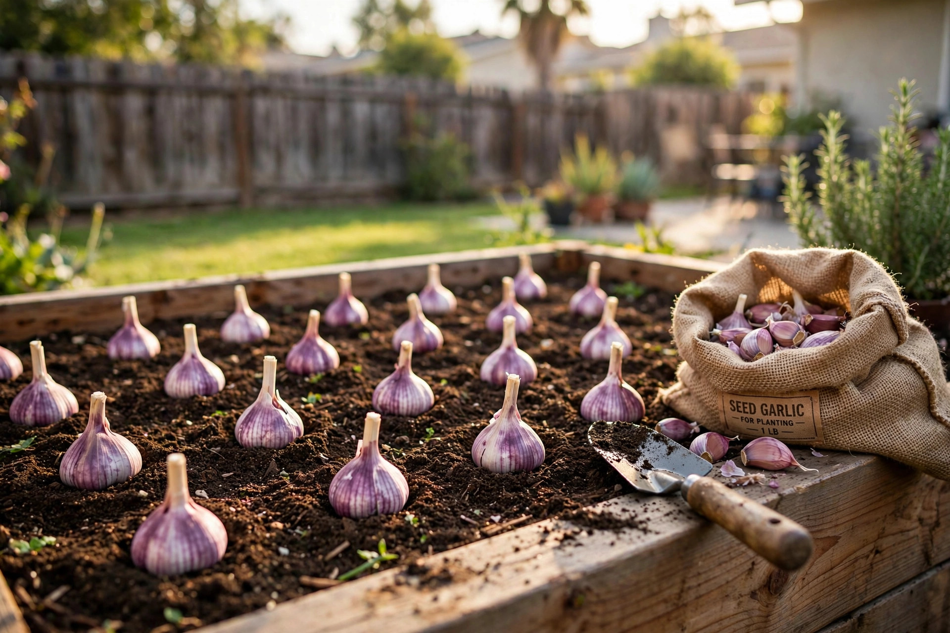 Garlic bulbs planting California homes USA: bulbs set in rows in a raised garden bed
