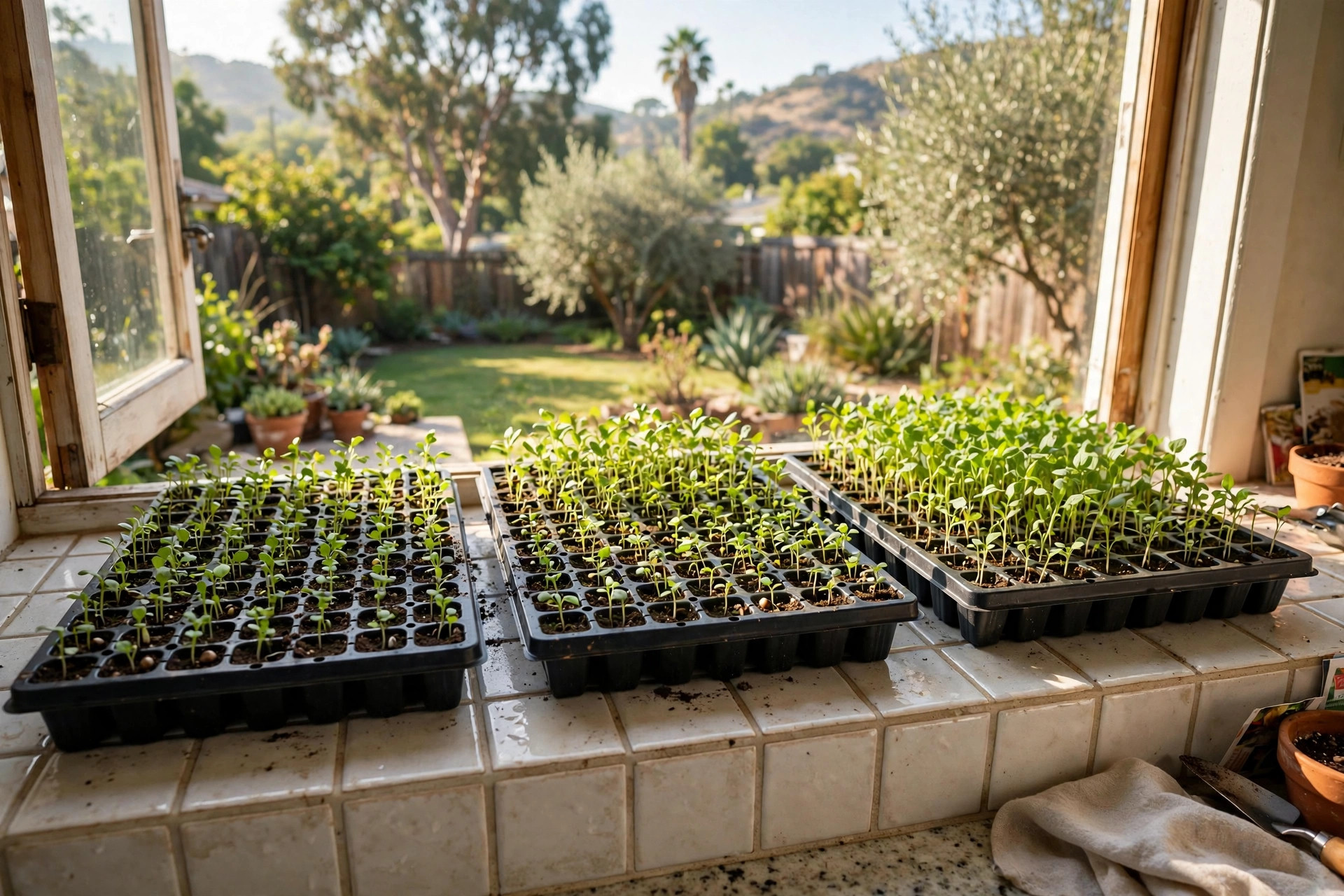 seed starting trays california homes usa: Seed starting trays with young vegetable seedlings on a sunny windowsill in a California home