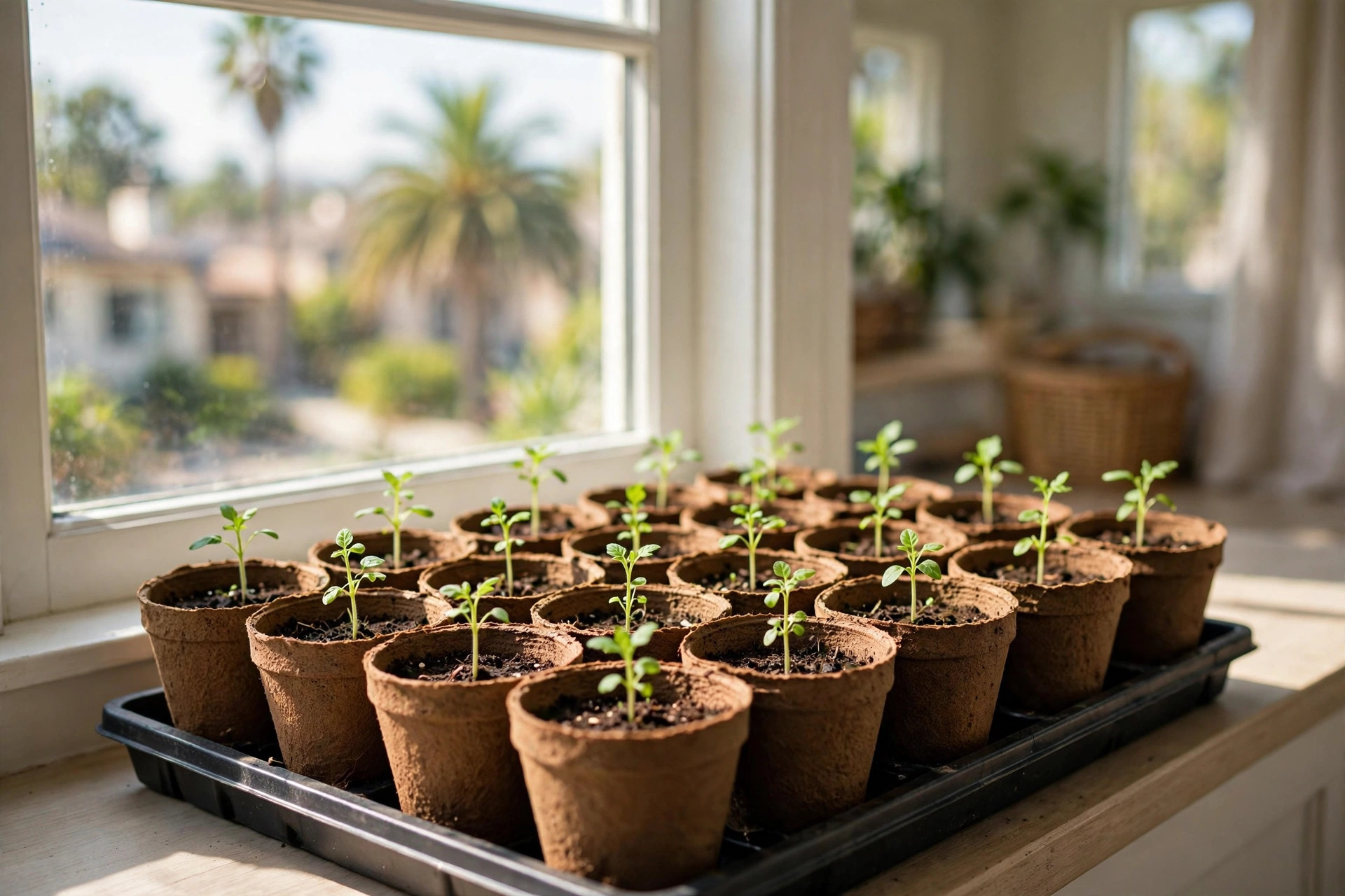 peat pots seedlings california homes usa: Peat pots with young seedlings on a sunny California windowsill