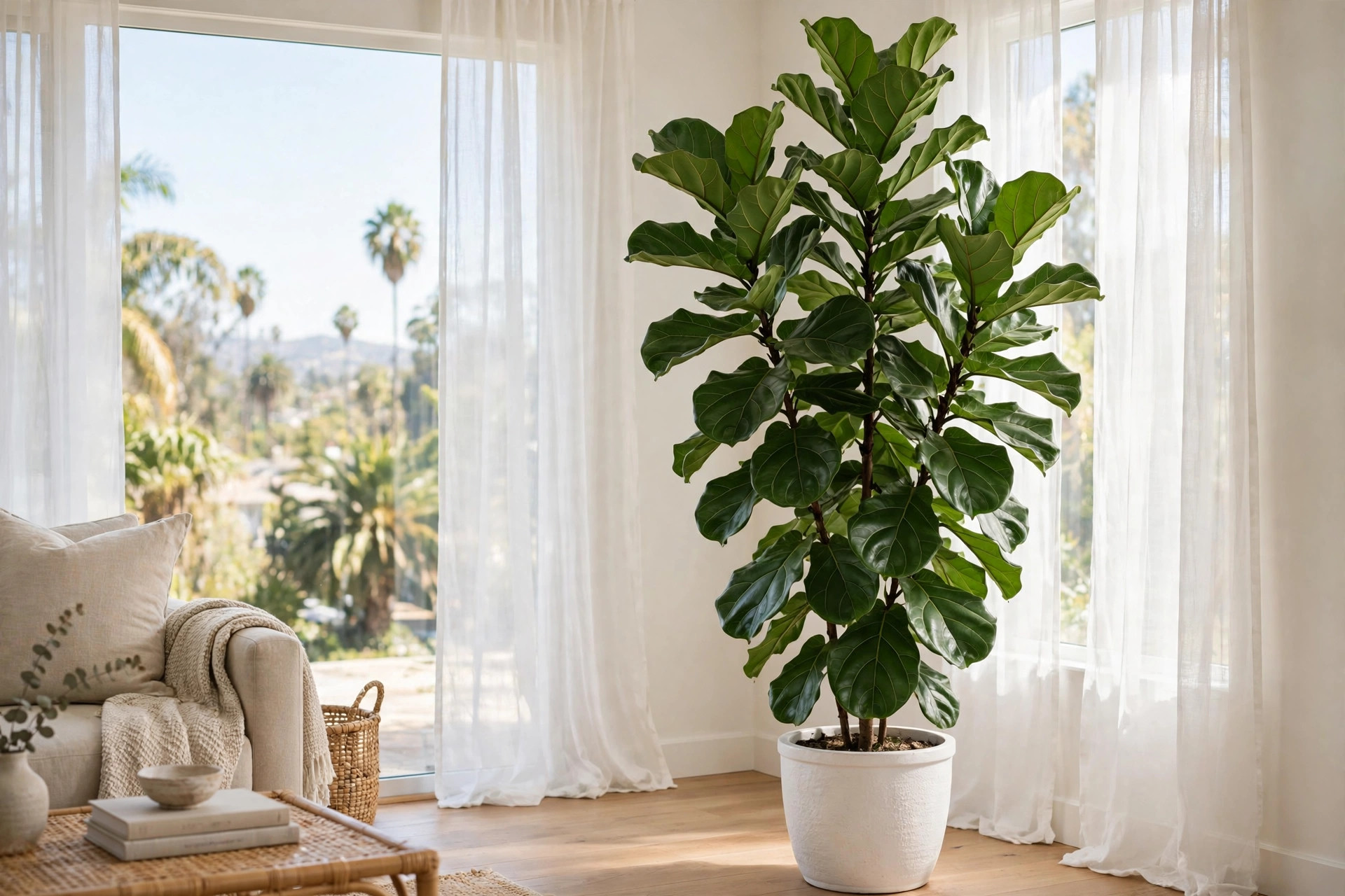 fiddle leaf figs california homes usa: Fiddle leaf fig tree in a bright California home living room