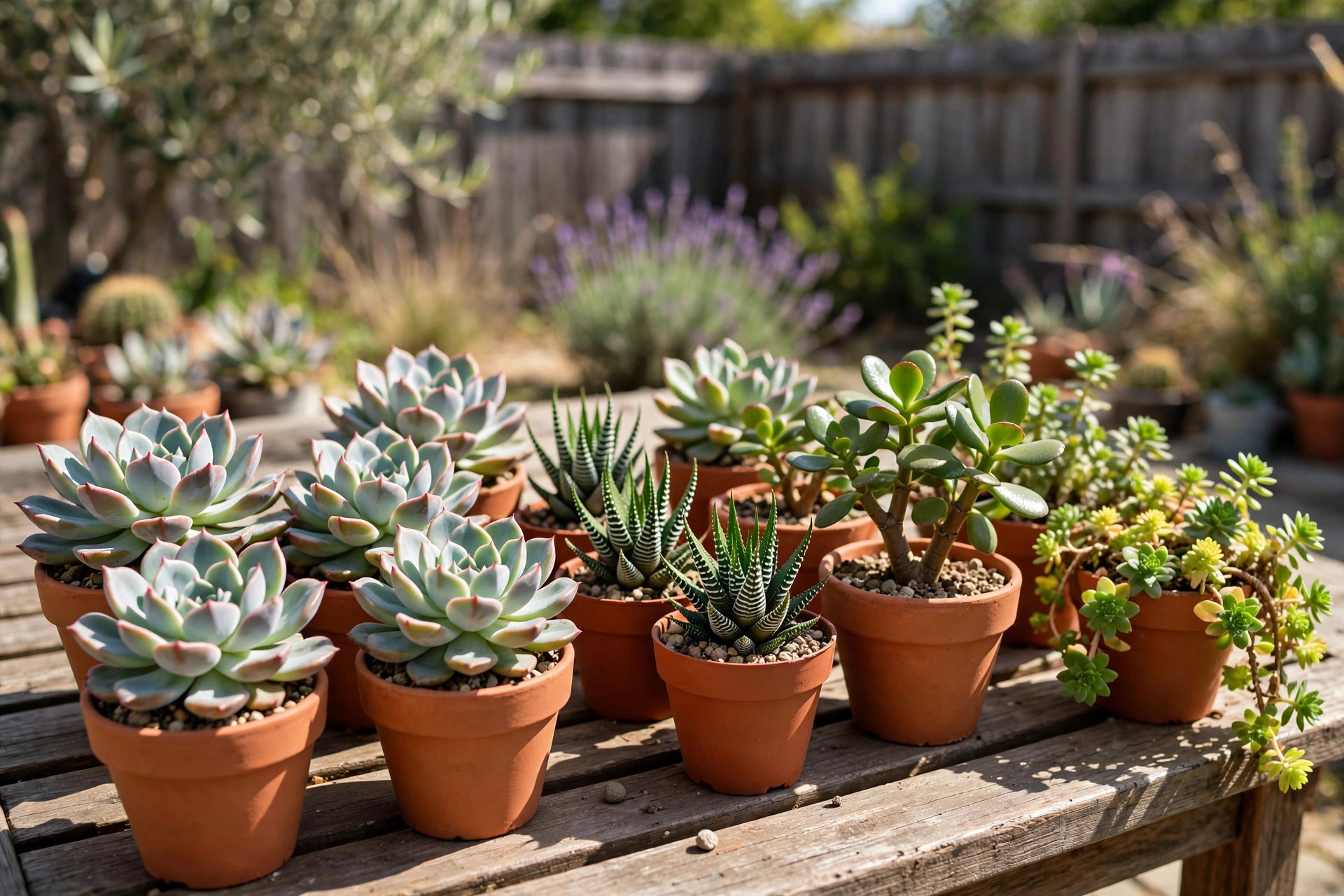 succulent variety packs california homes usa: Succulent variety pack pots arranged on a California patio table