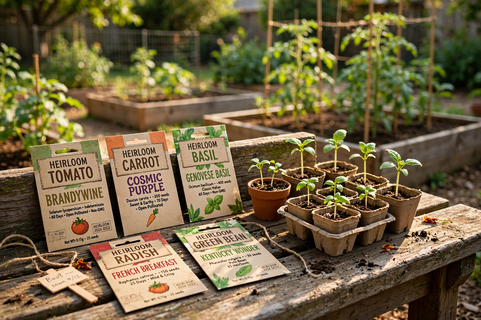 Heirloom vegetable seeds American homes guide: seed packets and seedlings in a home garden