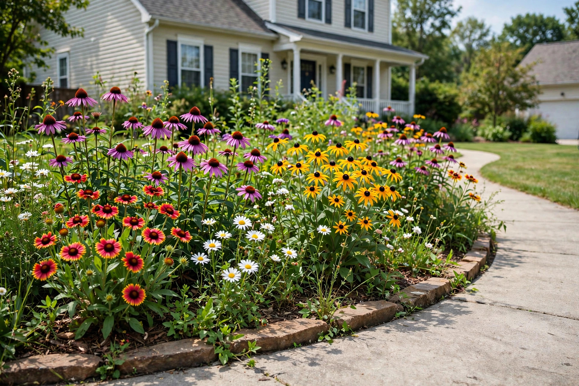 wildflower seed mixes american homes guide: Colorful wildflowers blooming in a sunny American front yard