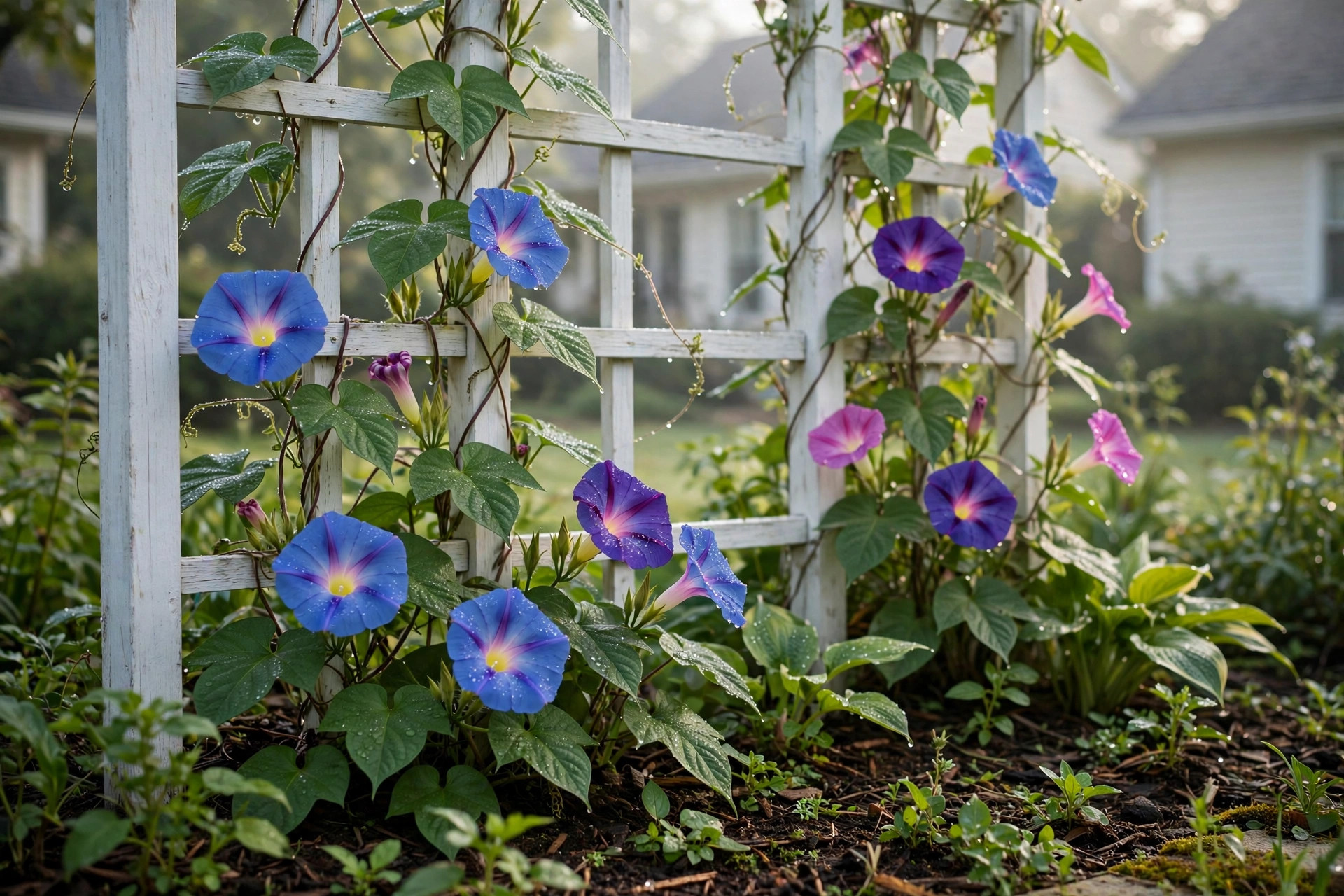 morning glory seeds american homes guide: Morning glory vines with blue flowers on a trellis in an American home garden
