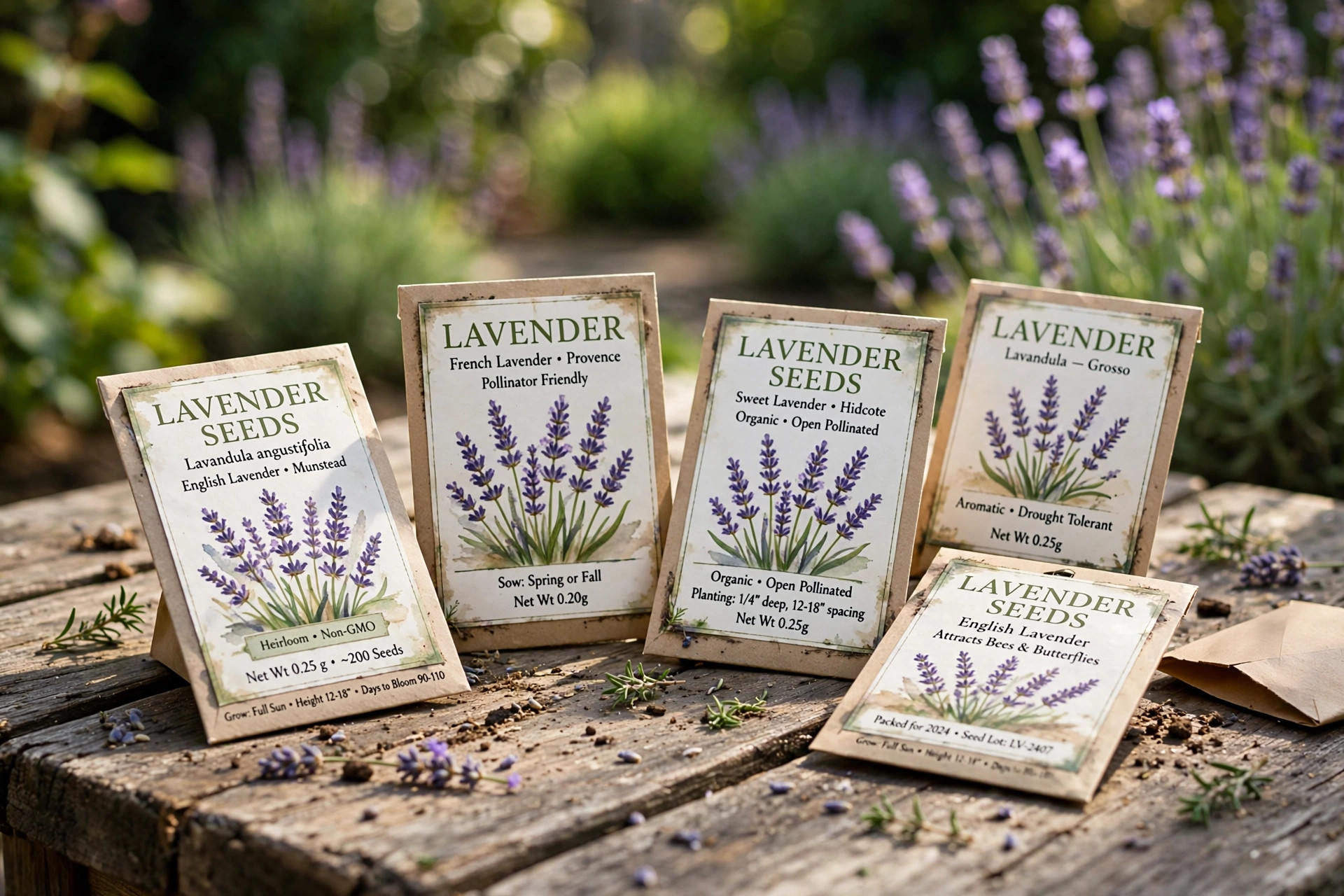 lavender seed packets american homes guide: Lavender seed packets on a garden table in an American home garden