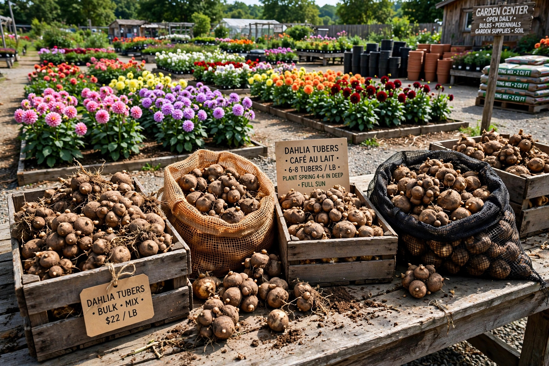 Dahlia bulbs bulk american homes guide: crates of dahlia tubers at a garden center