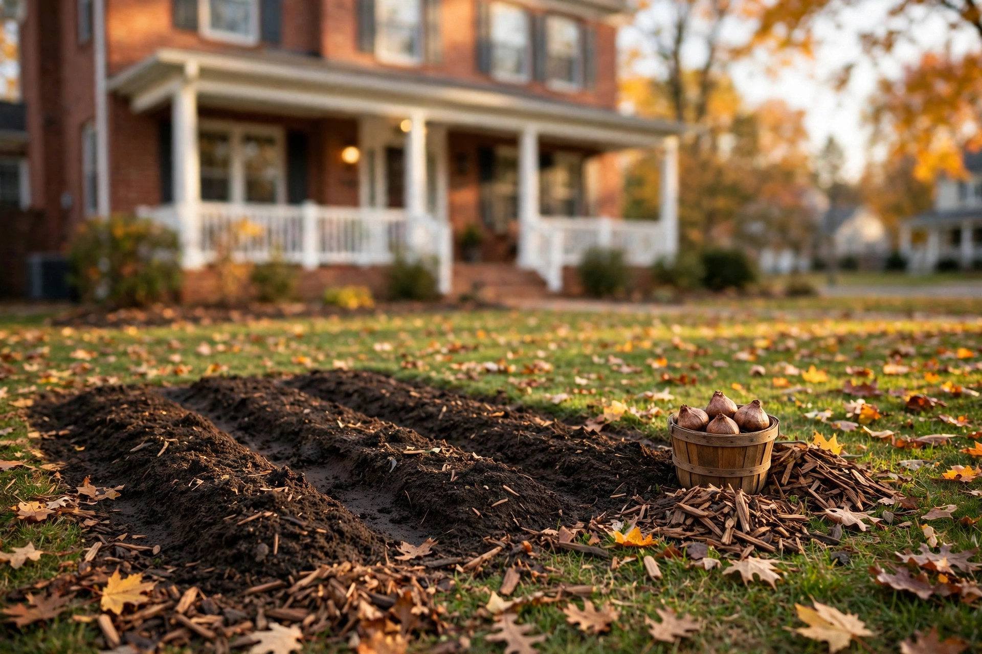 Tulip bulbs planted in a fall garden bed in front of an American home, mulch cover, tulip bulbs fall american homes guide