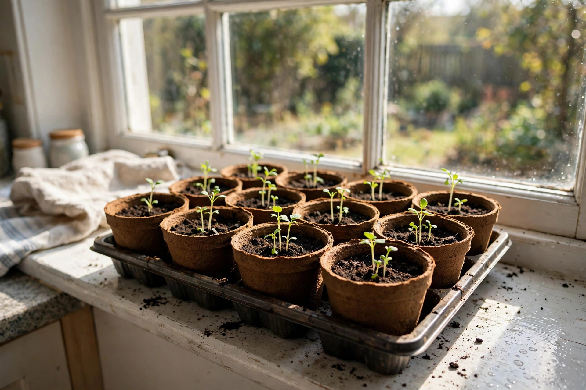 peat pots seedlings american homes guide: Seedlings growing in peat pots on a sunny windowsill in an American home