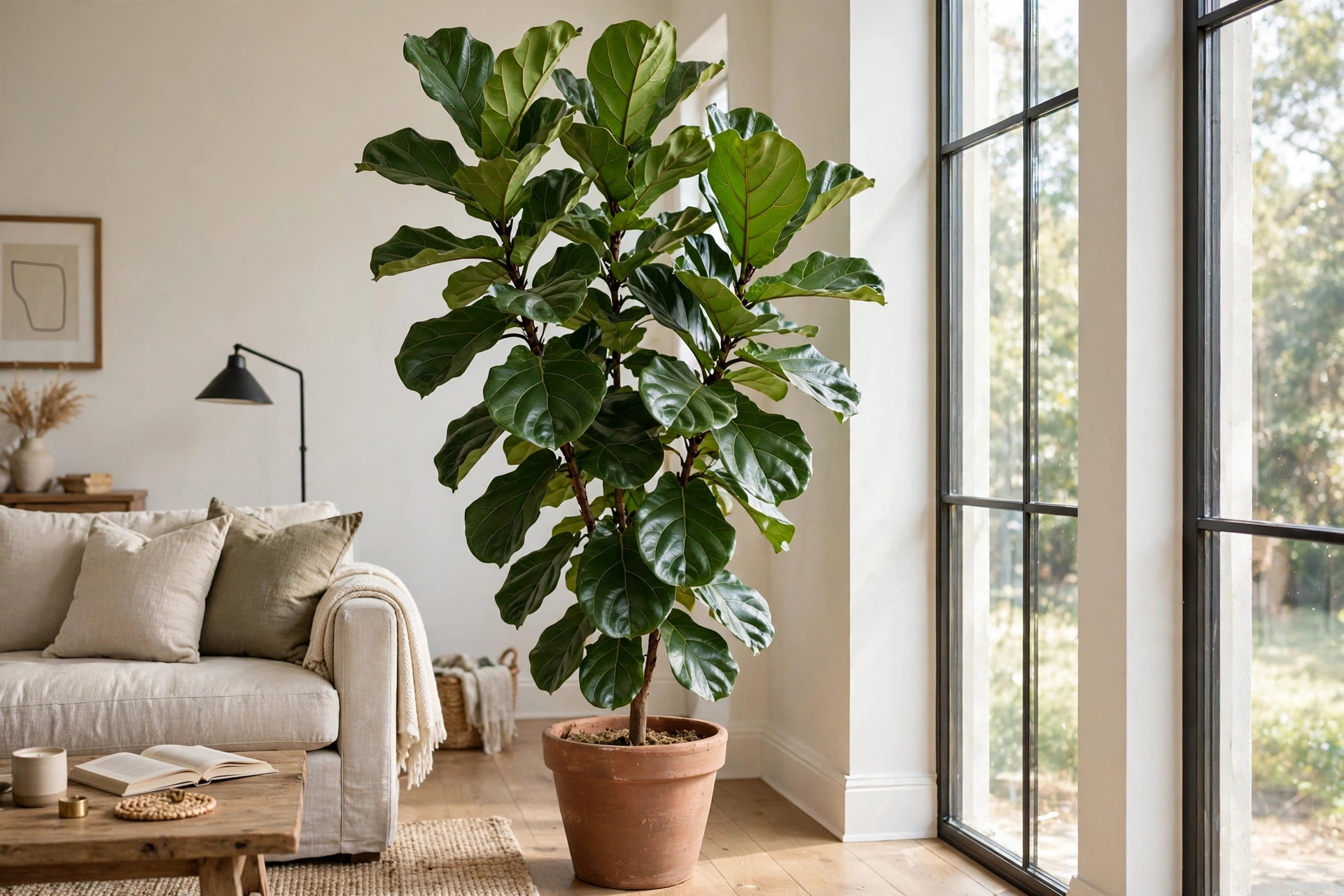 fiddle leaf figs american homes guide: A fiddle leaf fig tree in a bright American living room