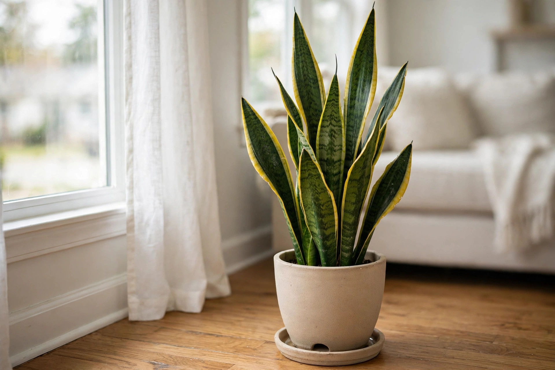 snake plants indoor american homes guide: Snake plant in a pot in a bright American living room