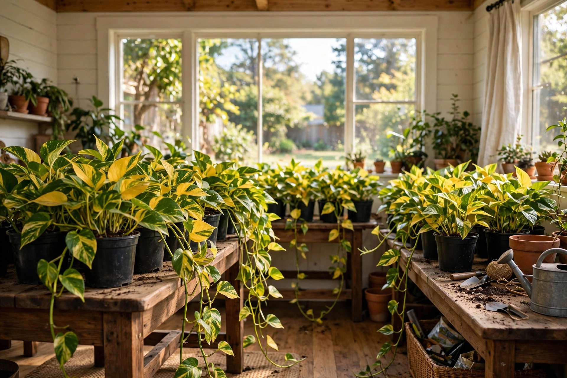 Rows of potted golden pothos plants arranged for sale, keyword: pothos plants bulk american homes guide