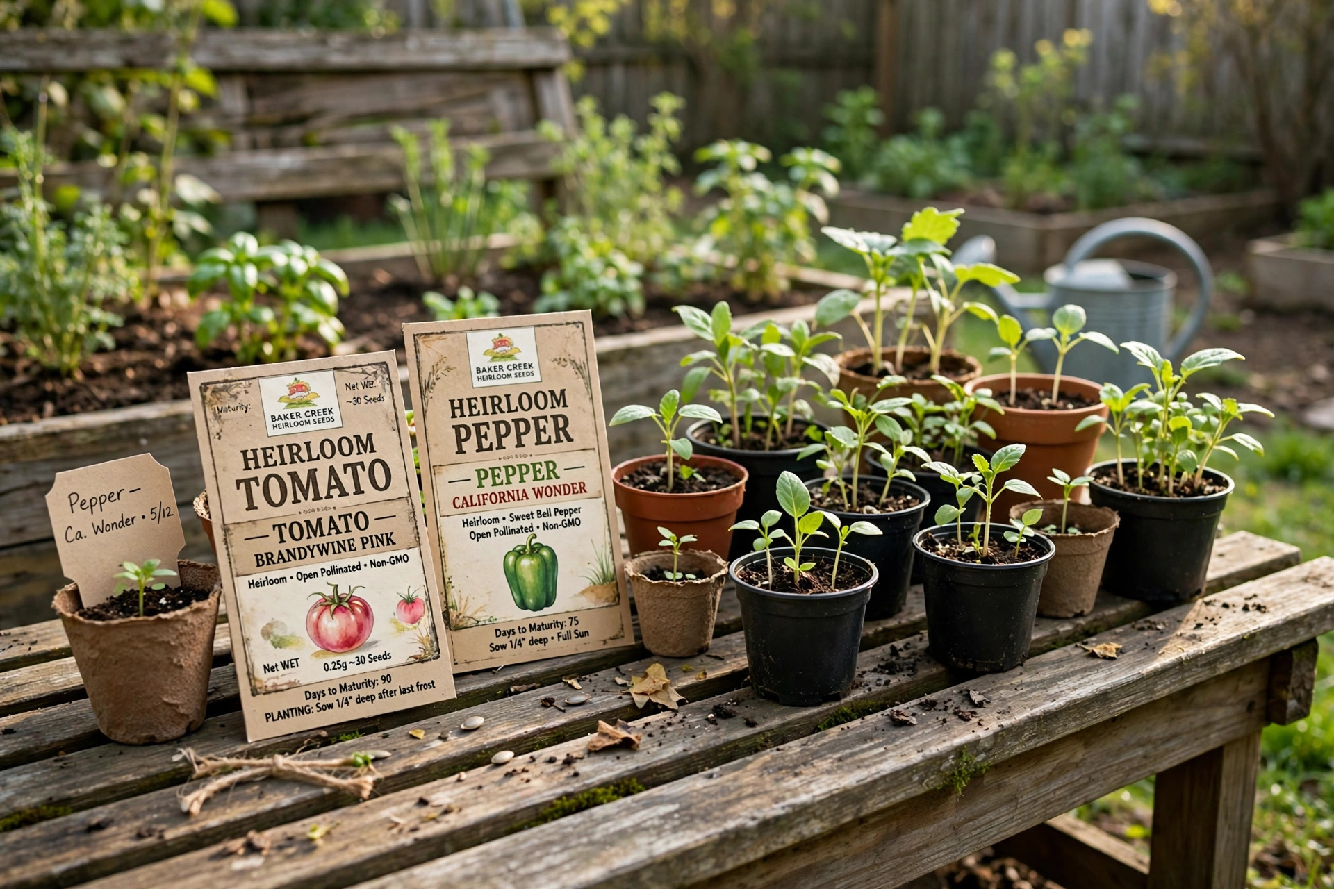 Heirloom vegetable seeds USA online deals: seed packets and young seedlings on a garden bench