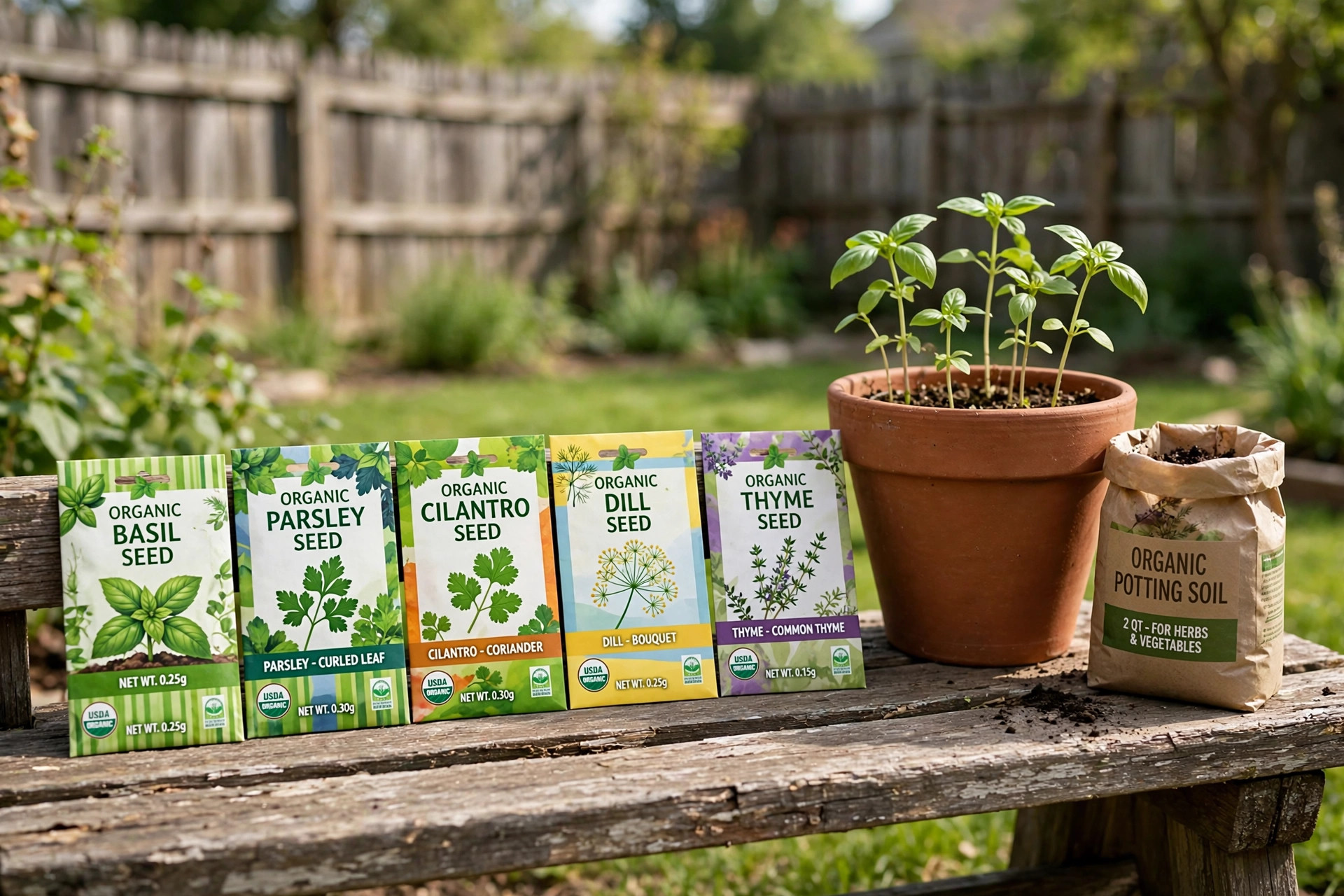 organic herb seeds usa online deals: Packets of organic herb seeds on a wooden garden bench