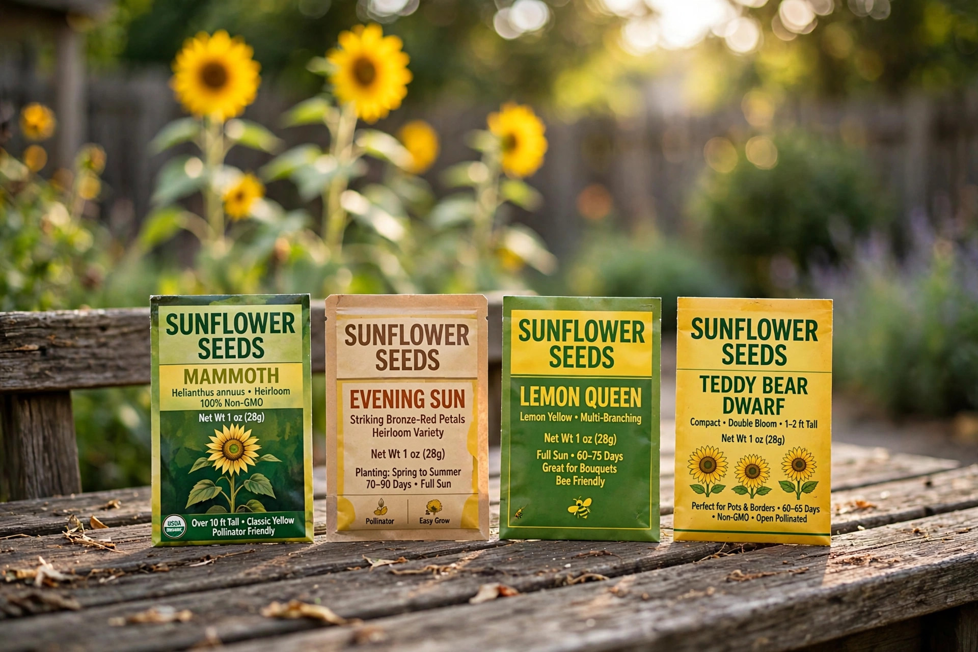 sunflower seed packs usa online deals: Sunflower seed packs arranged on a garden bench