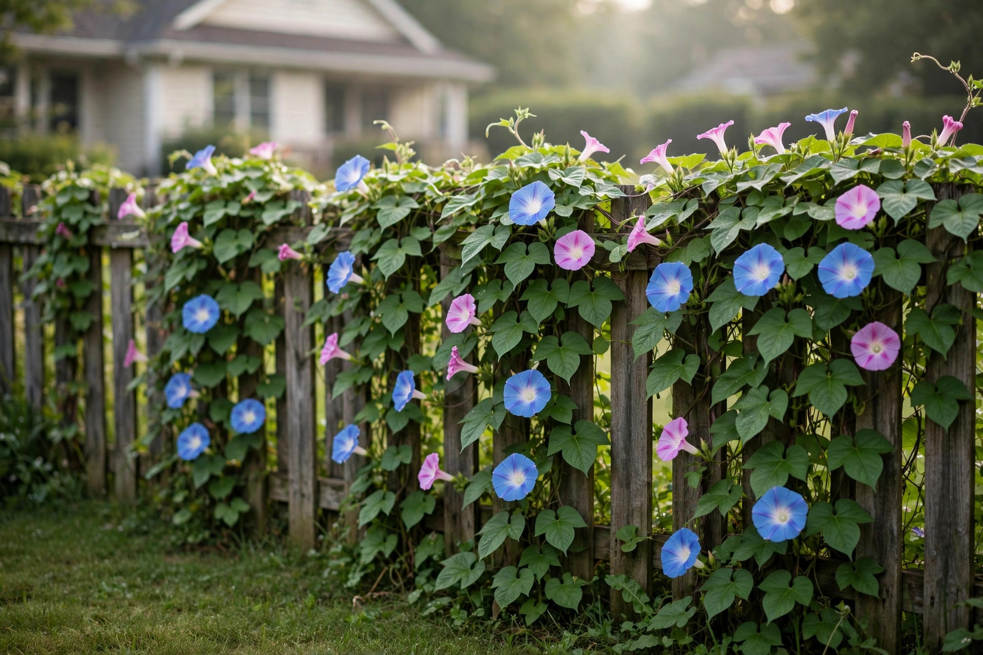 Morning glory seeds USA online deals: bright trumpet flowers blooming on a garden fence