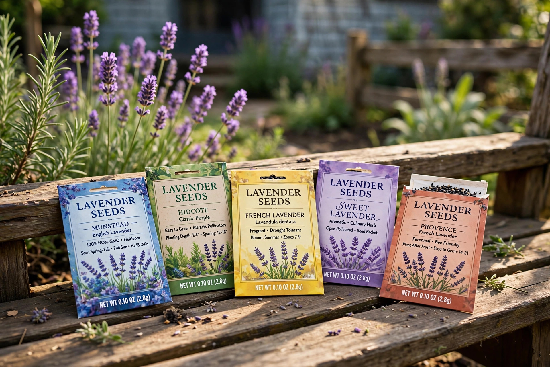 lavender seed packets usa online deals: Lavender seed packets arranged in an American home garden