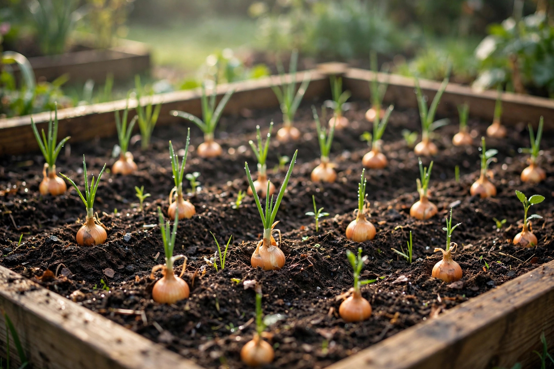 onion sets planting usa online deals: Onion sets ready for planting in a sunny home garden bed