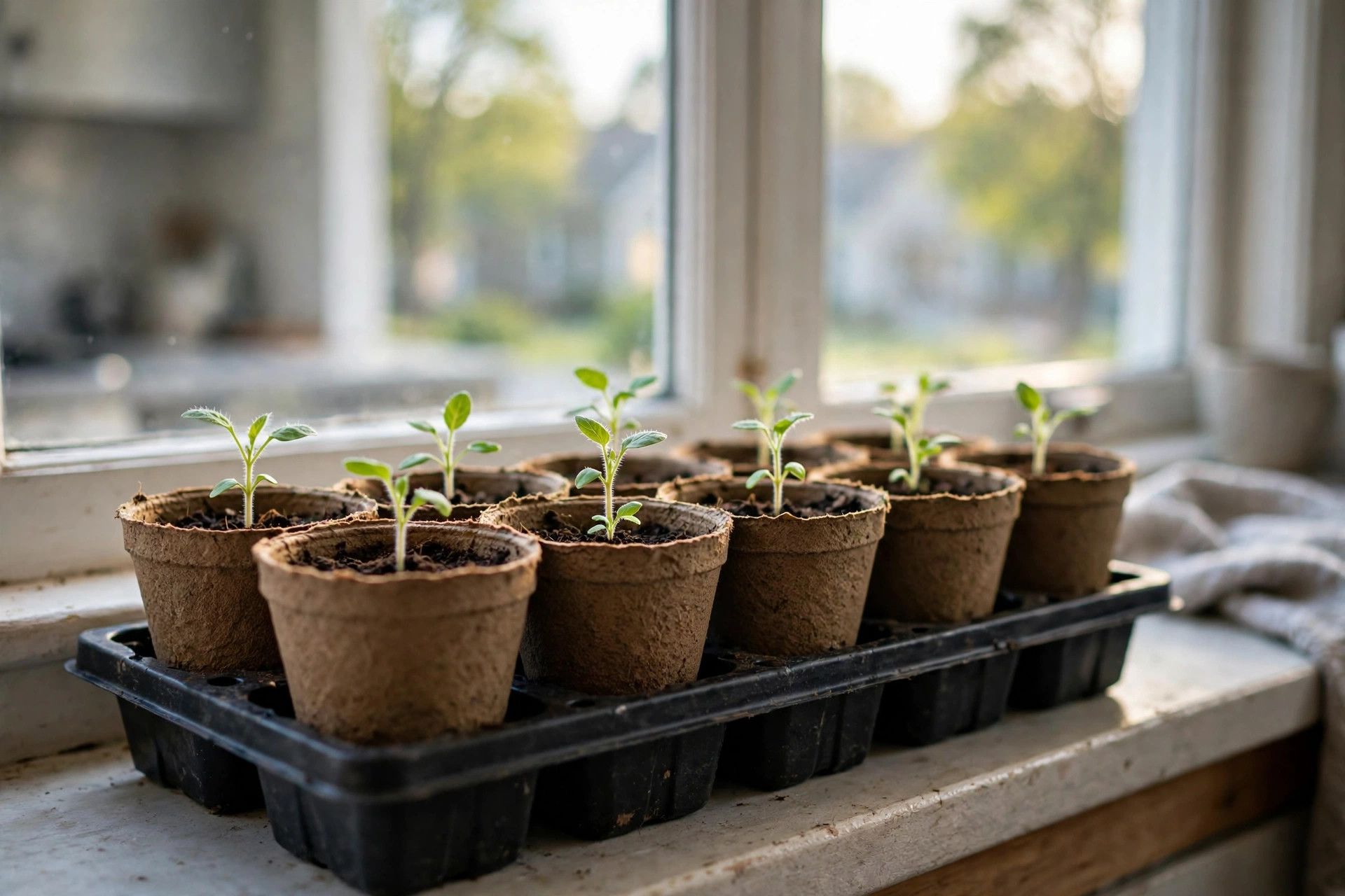 Peat pots with young green seedlings on a sunny kitchen windowsill, keyword peat pots seedlings usa online deals