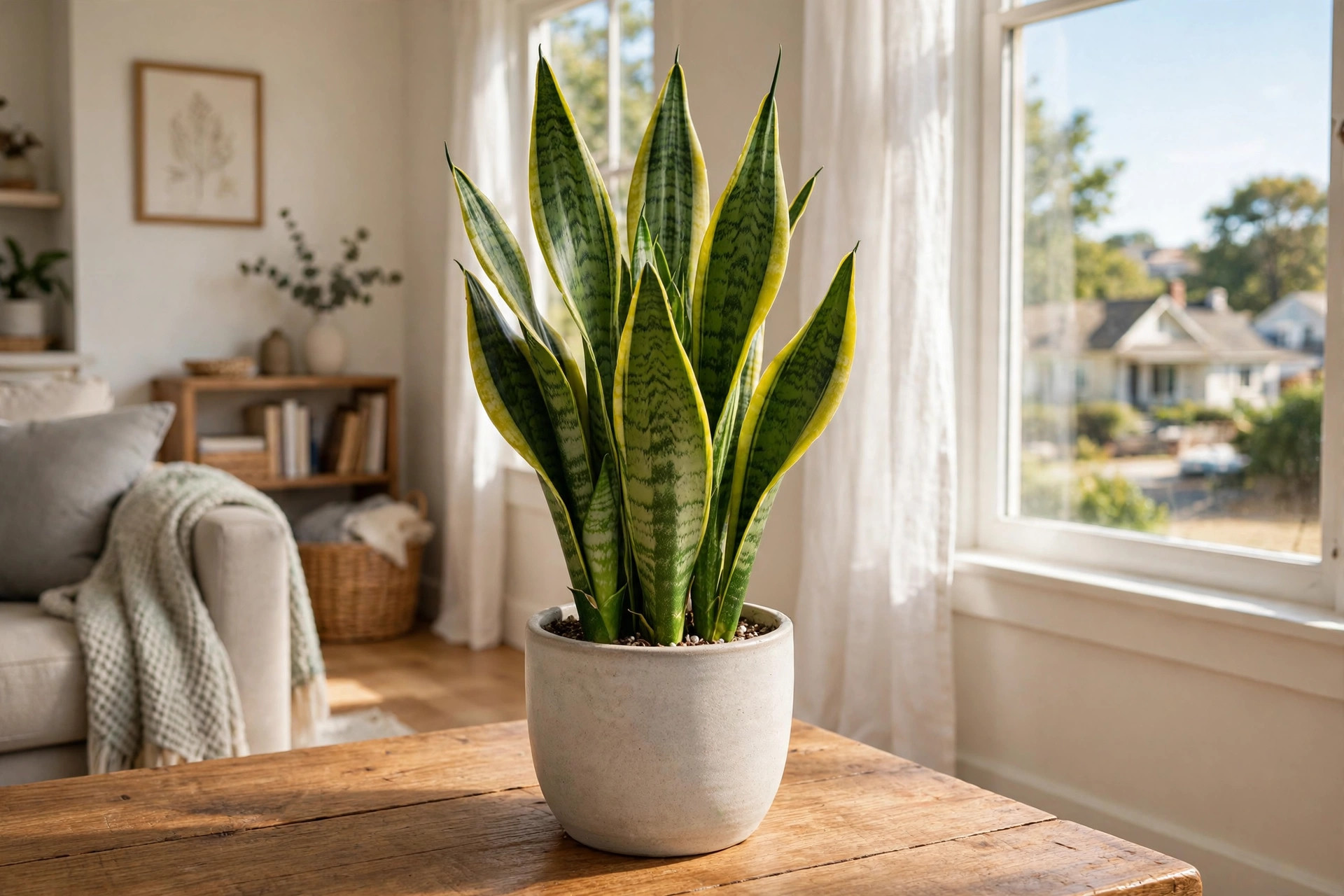 snake plants indoor usa online deals: Healthy snake plant in a ceramic pot beside a sunny window