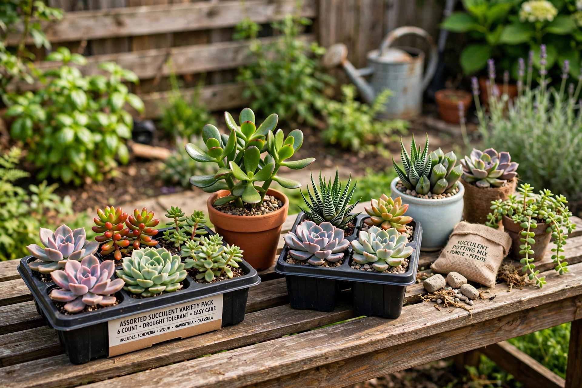 succulent variety packs usa online deals: Assorted succulent variety packs displayed in trays on a garden bench