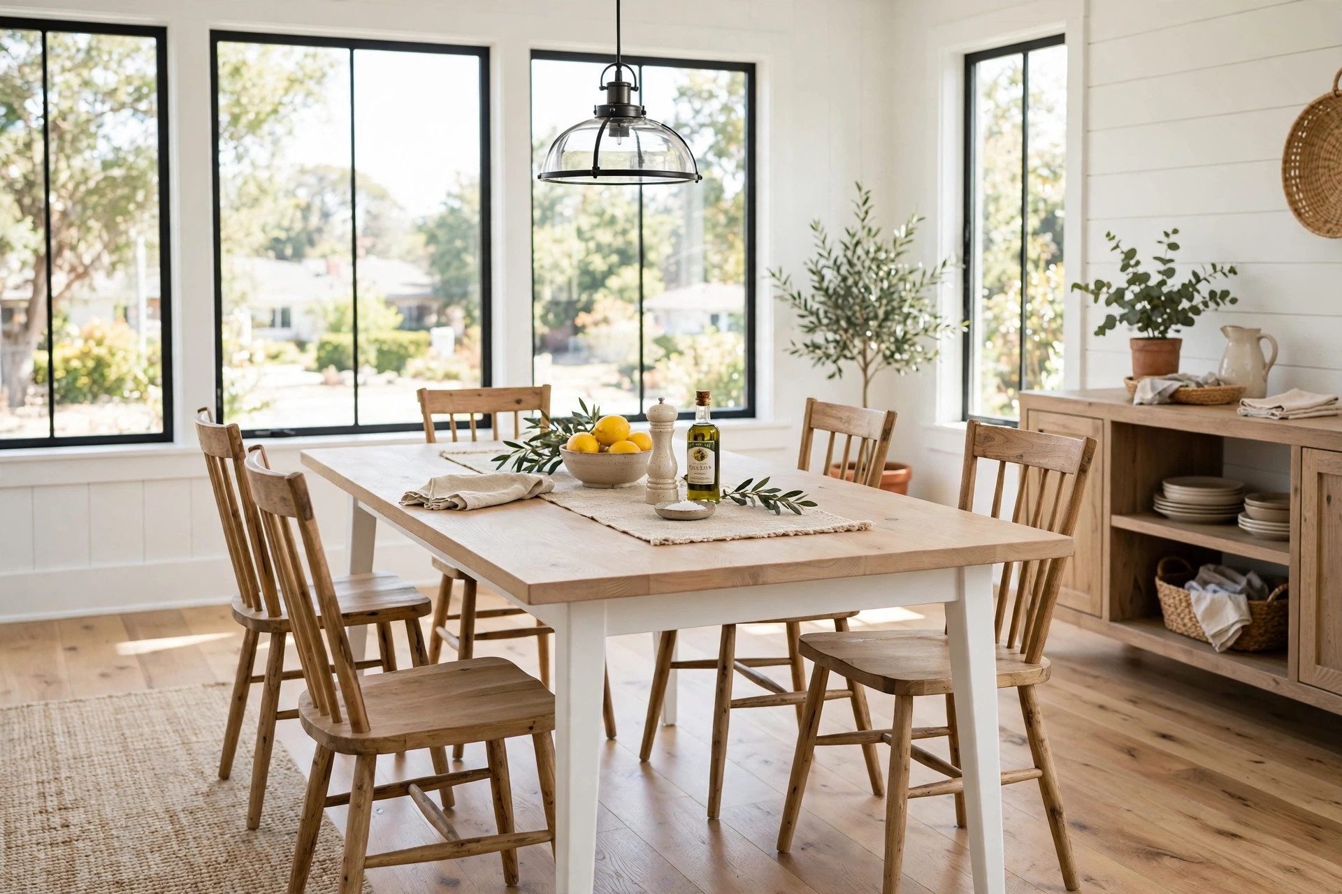 modern farmhouse tables buying guide usa: A modern farmhouse dining table in a bright American dining room