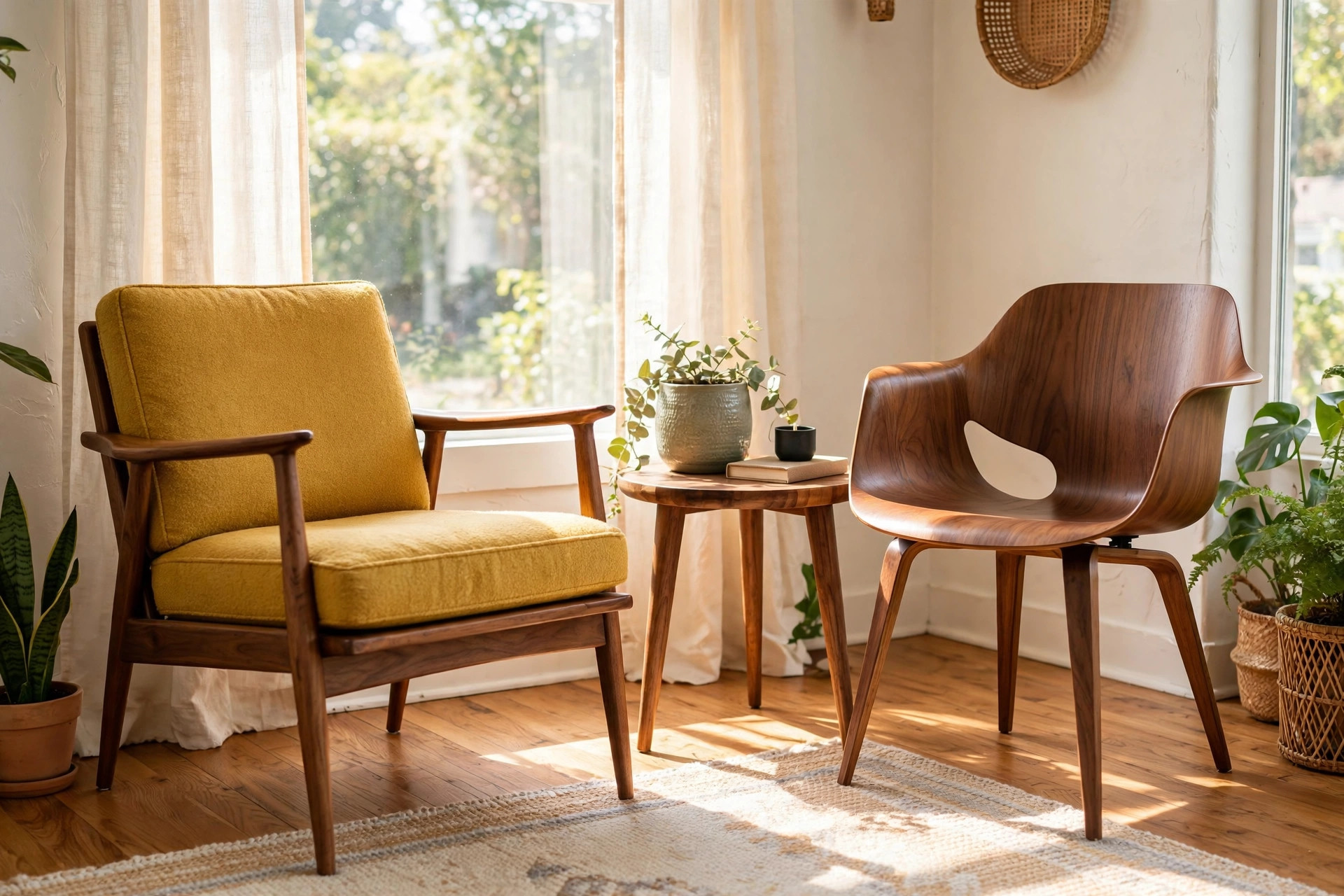 A walnut mid century modern armchair with mustard upholstery in a bright American living room for this mid century chairs buying guide usa