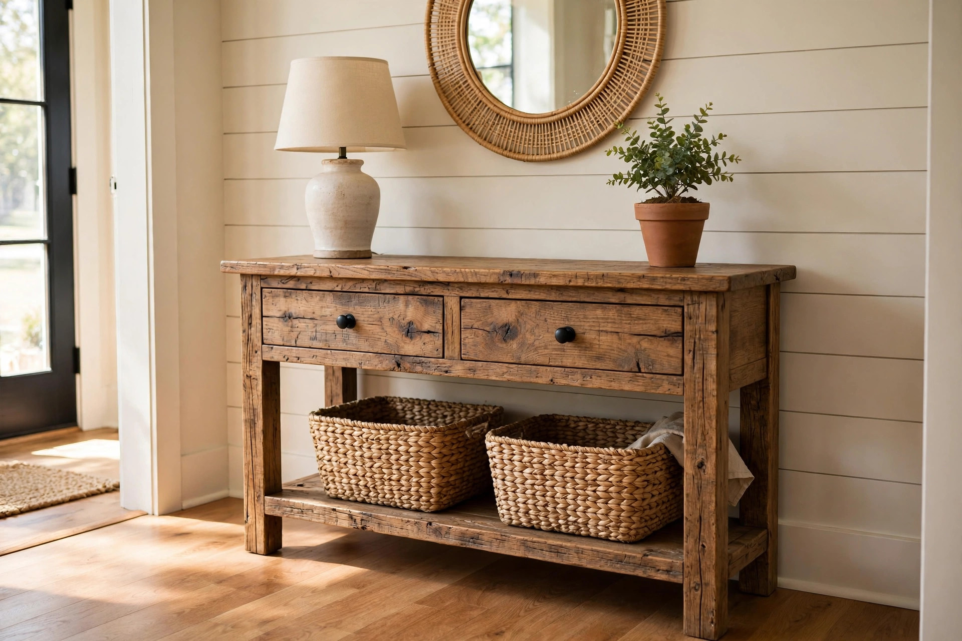 Rustic console table in an American farmhouse entryway, rustic console tables buying guide usa