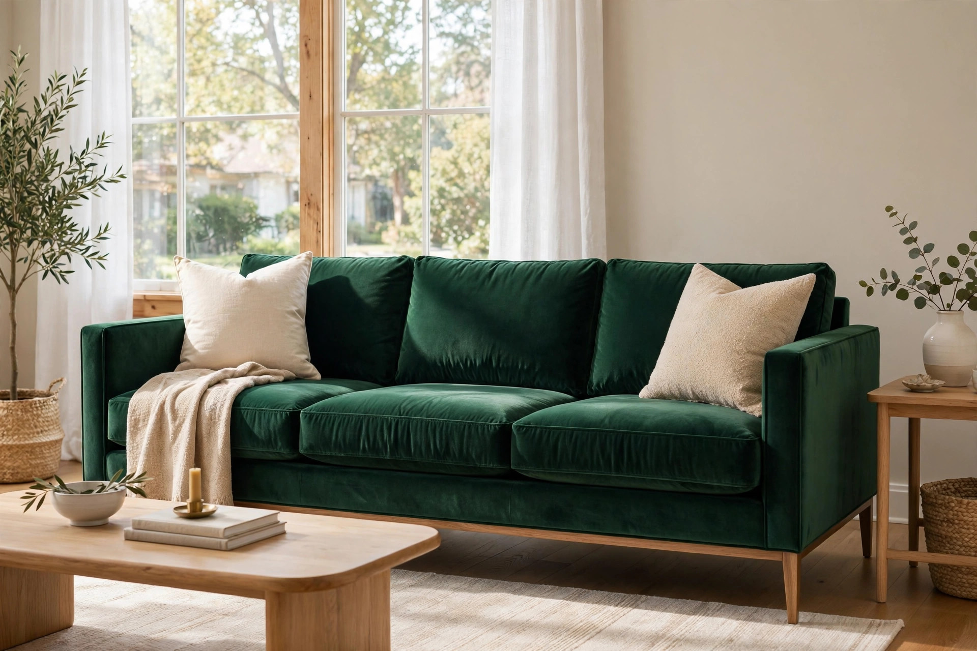 velvet living sofas buying guide usa: Deep green velvet living room sofa in a bright American living room