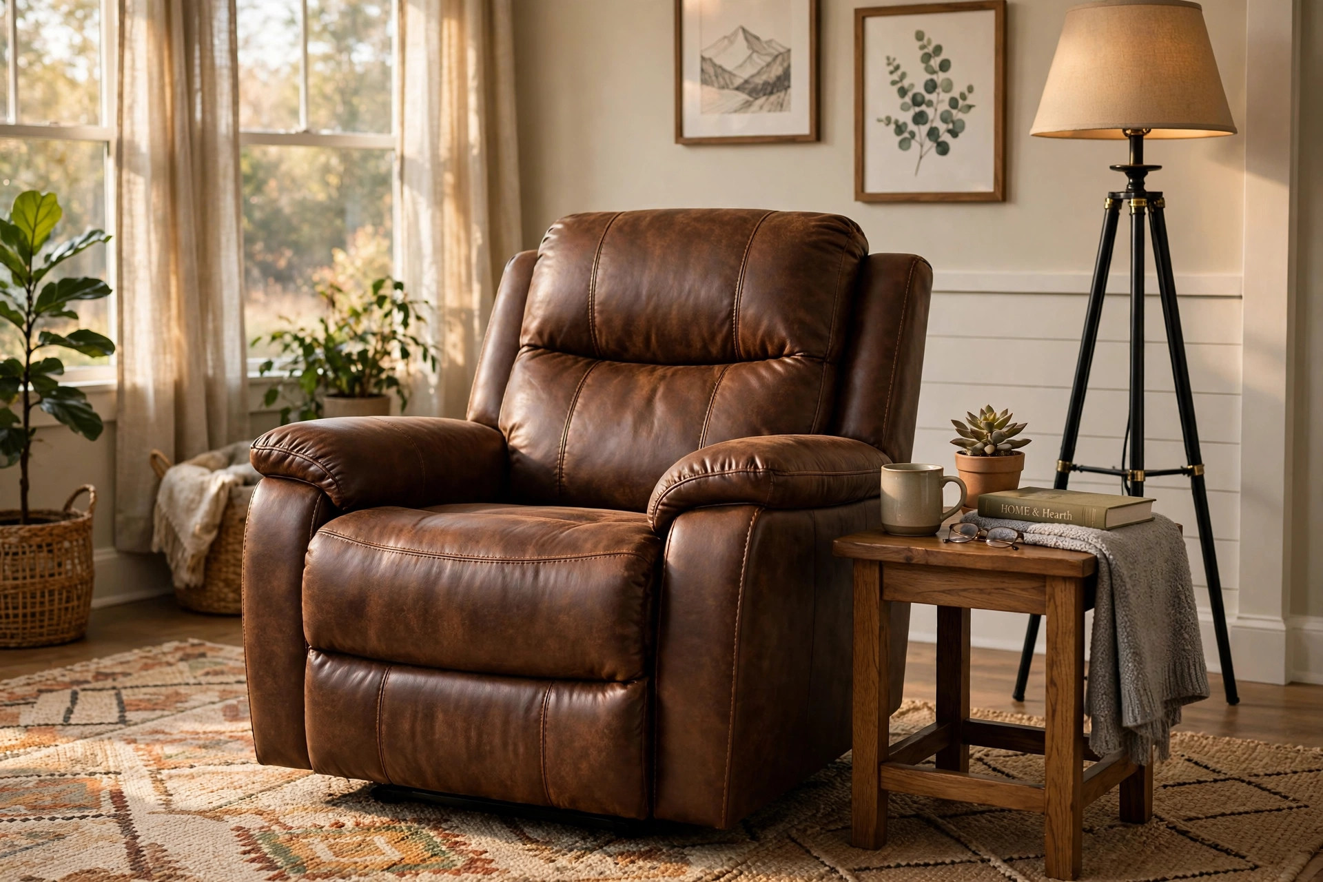 leather recliner chairs buying guide usa: Brown leather recliner chair in an American living room