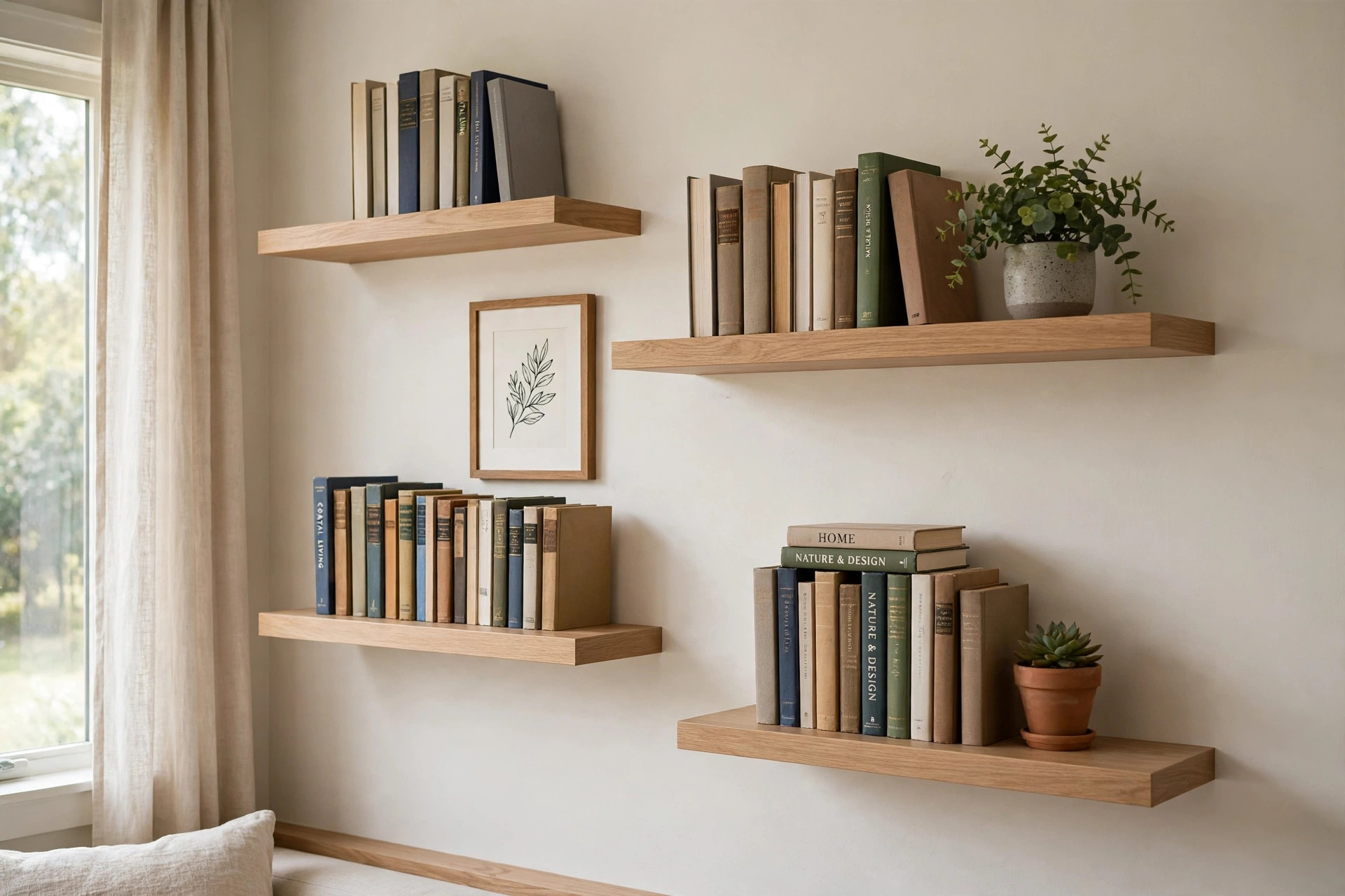 modern wall bookshelves buying guide usa: Modern wall bookshelves mounted in a living room with arranged books