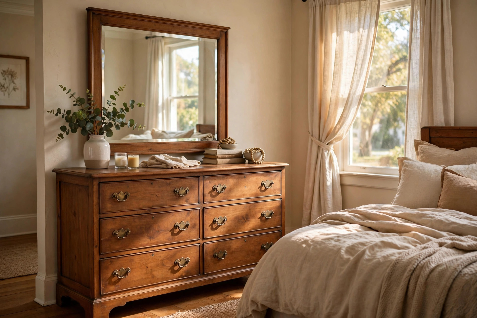 bedroom dressers mirror buying guide usa: Bedroom dresser with mirror set in an American bedroom