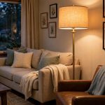 Living room floor lamps buying guide USA: a warm brass floor lamp with a drum shade in an American living room