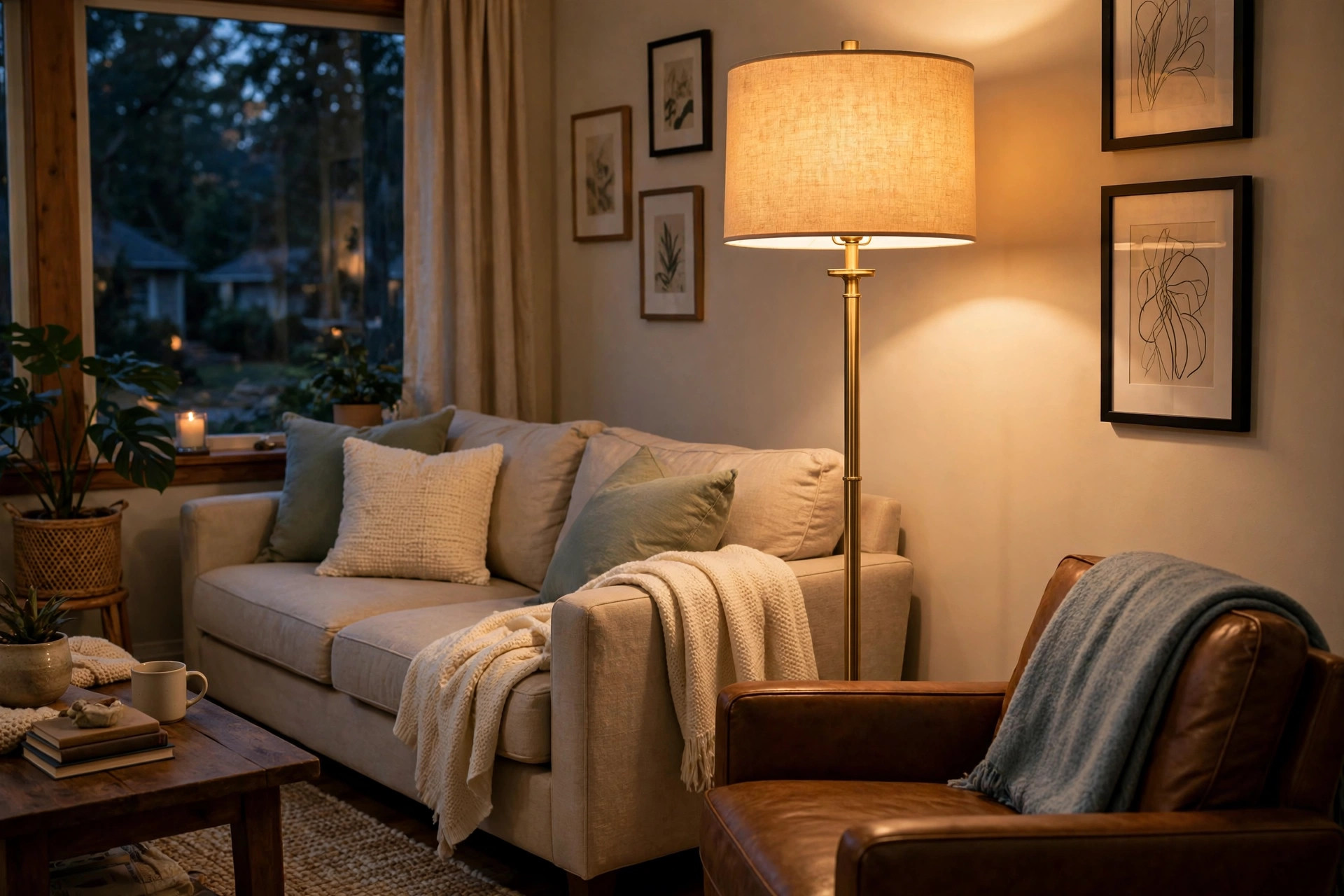 Living room floor lamps buying guide USA: a warm brass floor lamp with a drum shade in an American living room